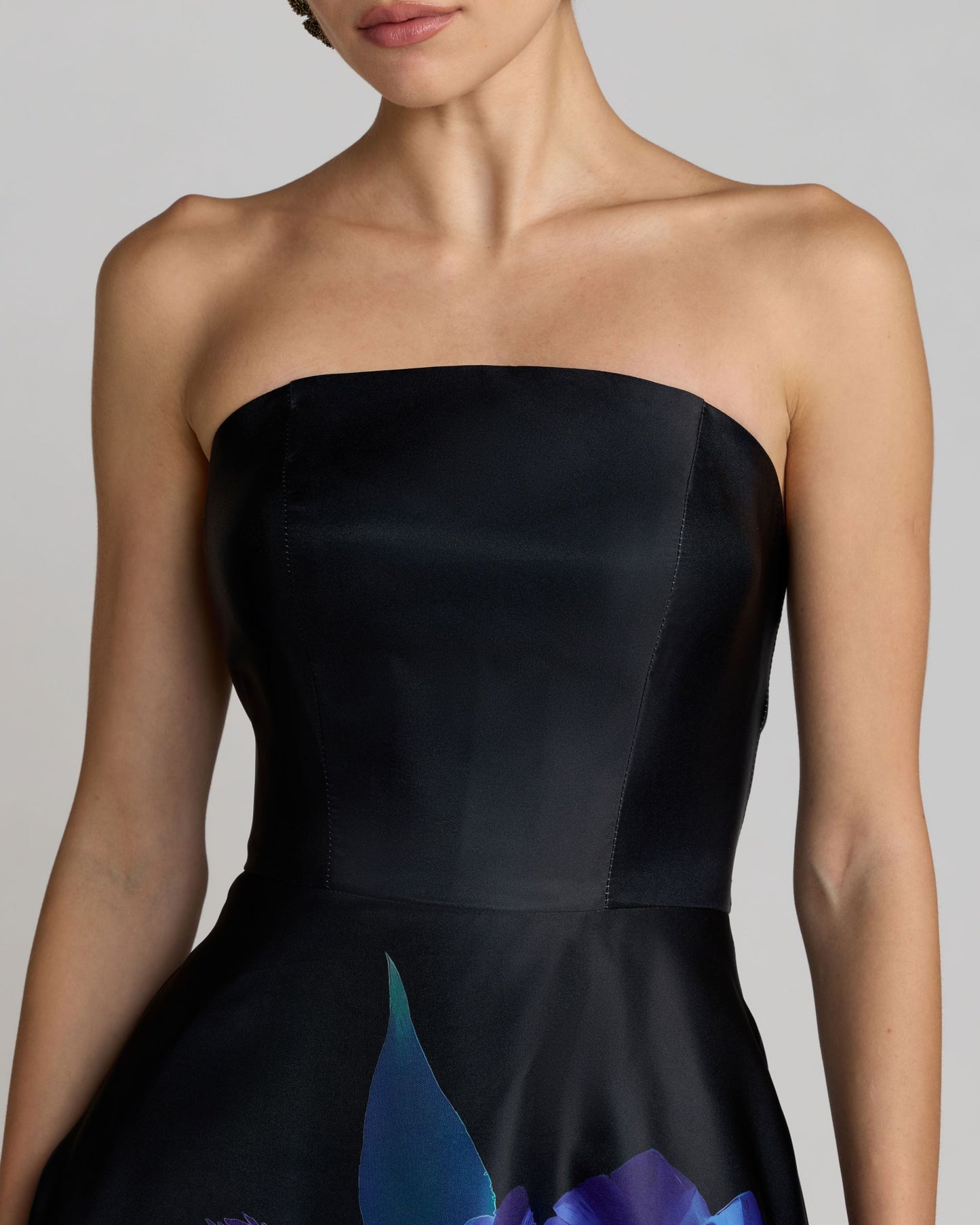 Black Strapless Satin Midi Dress With Flower Print Ieena for Mac Duggal