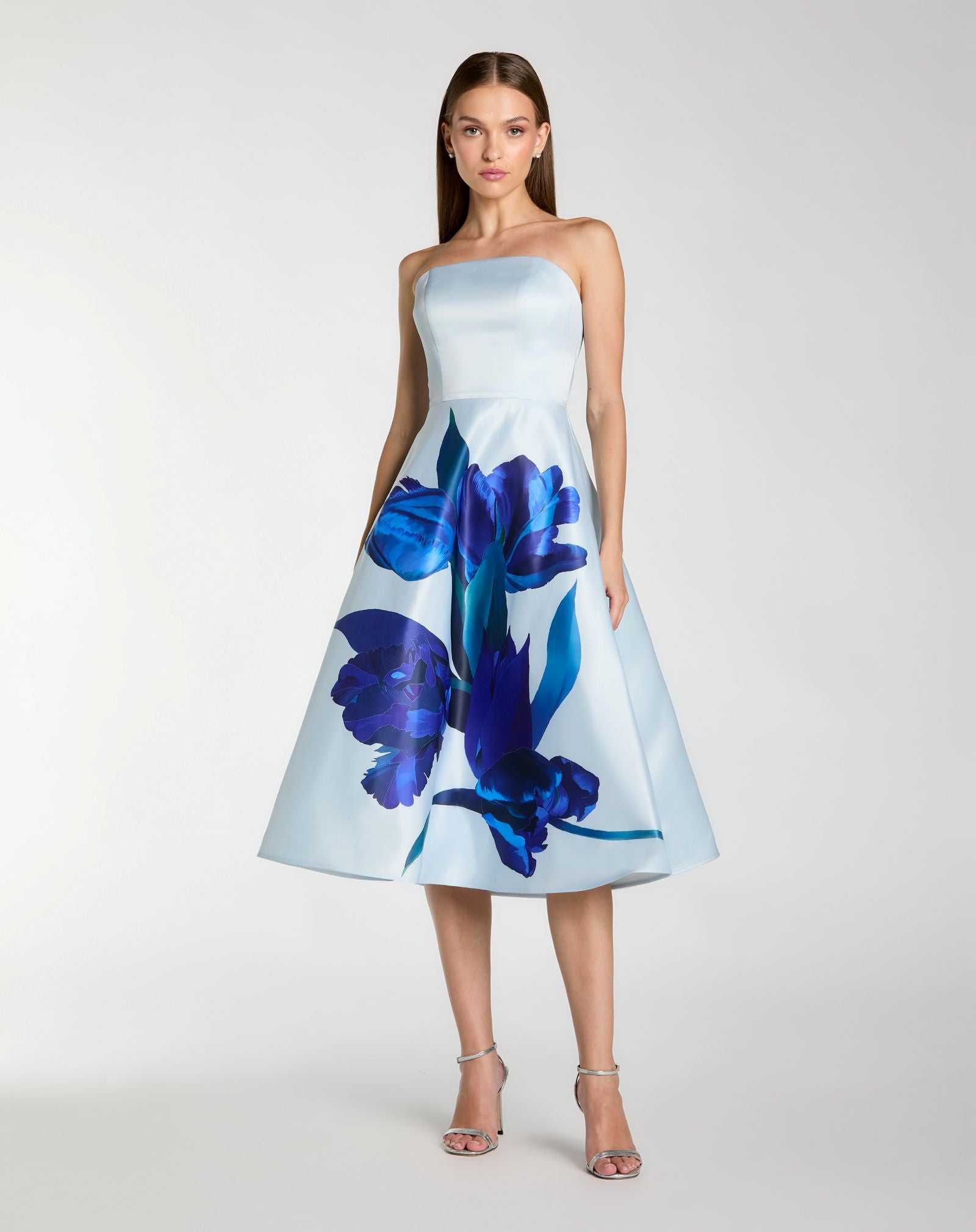 Blue Strapless Satin Midi Dress With Flower Print - Ieena for Mac Duggal