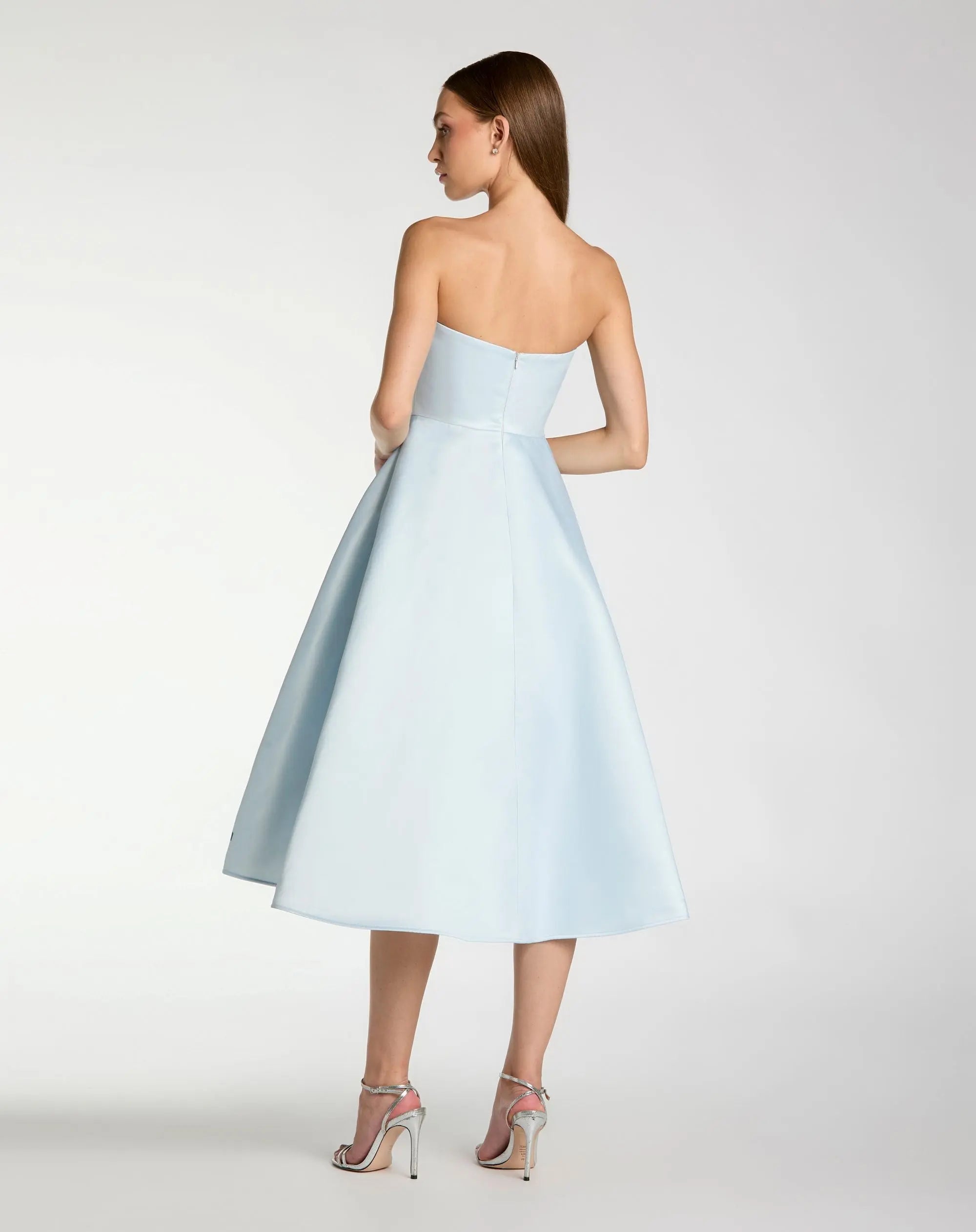 Blue Strapless Satin Midi Dress With Flower Print - Ieena for Mac Duggal