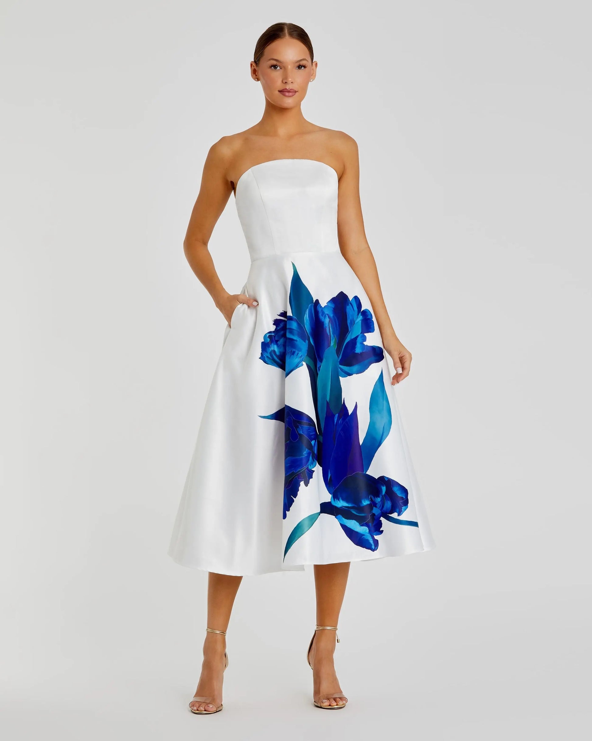 White Strapless Satin Midi Dress With Flower Print | Mac Duggal White Strapless Satin Midi Dress With Flower Print | Mac Duggal