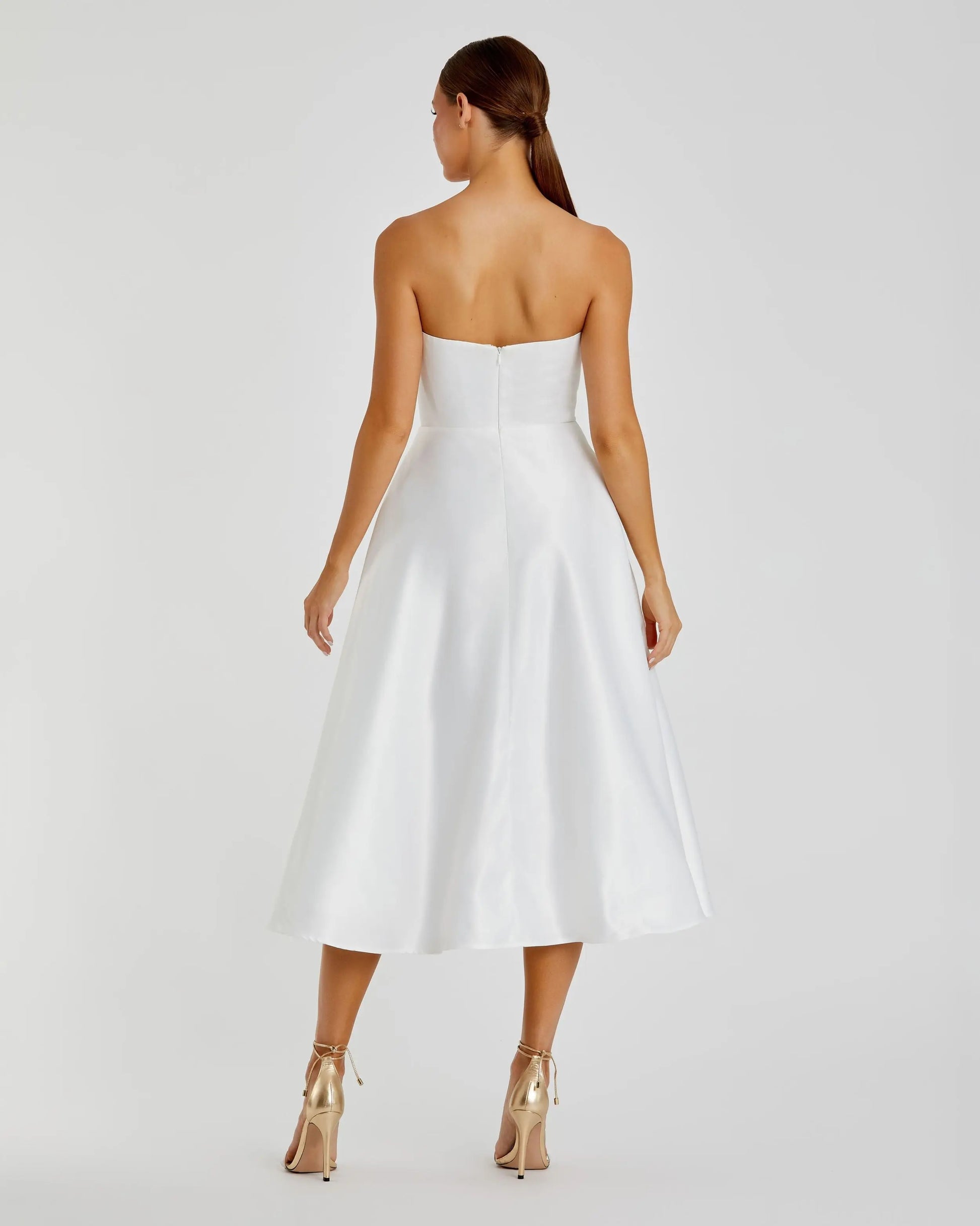 White Strapless Satin Midi Dress With Flower Print | Mac Duggal White Strapless Satin Midi Dress With Flower Print | Mac Duggal