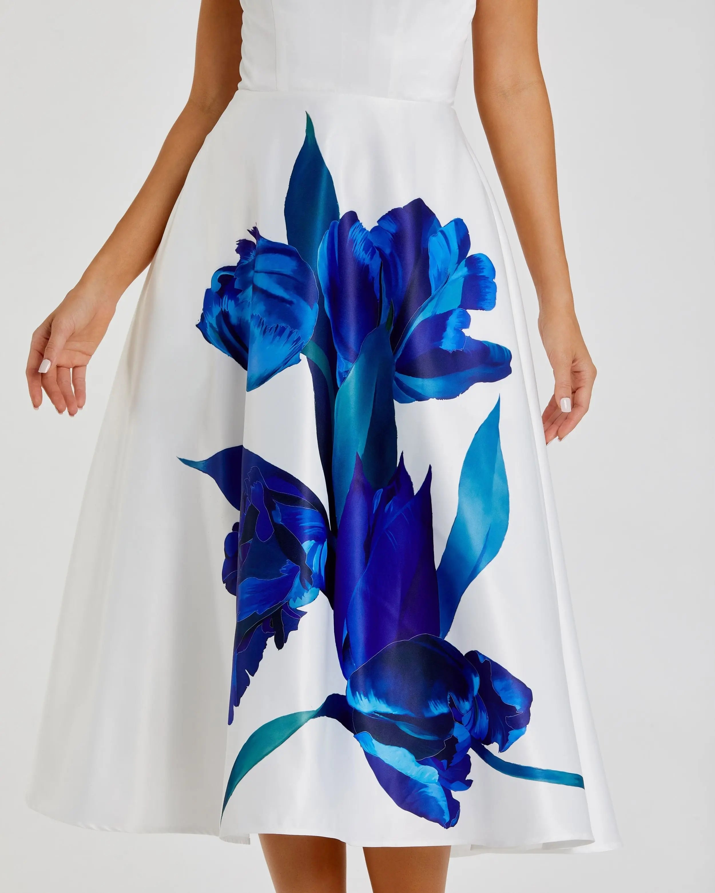 White Strapless Satin Midi Dress With Flower Print | Mac Duggal White Strapless Satin Midi Dress With Flower Print | Mac Duggal