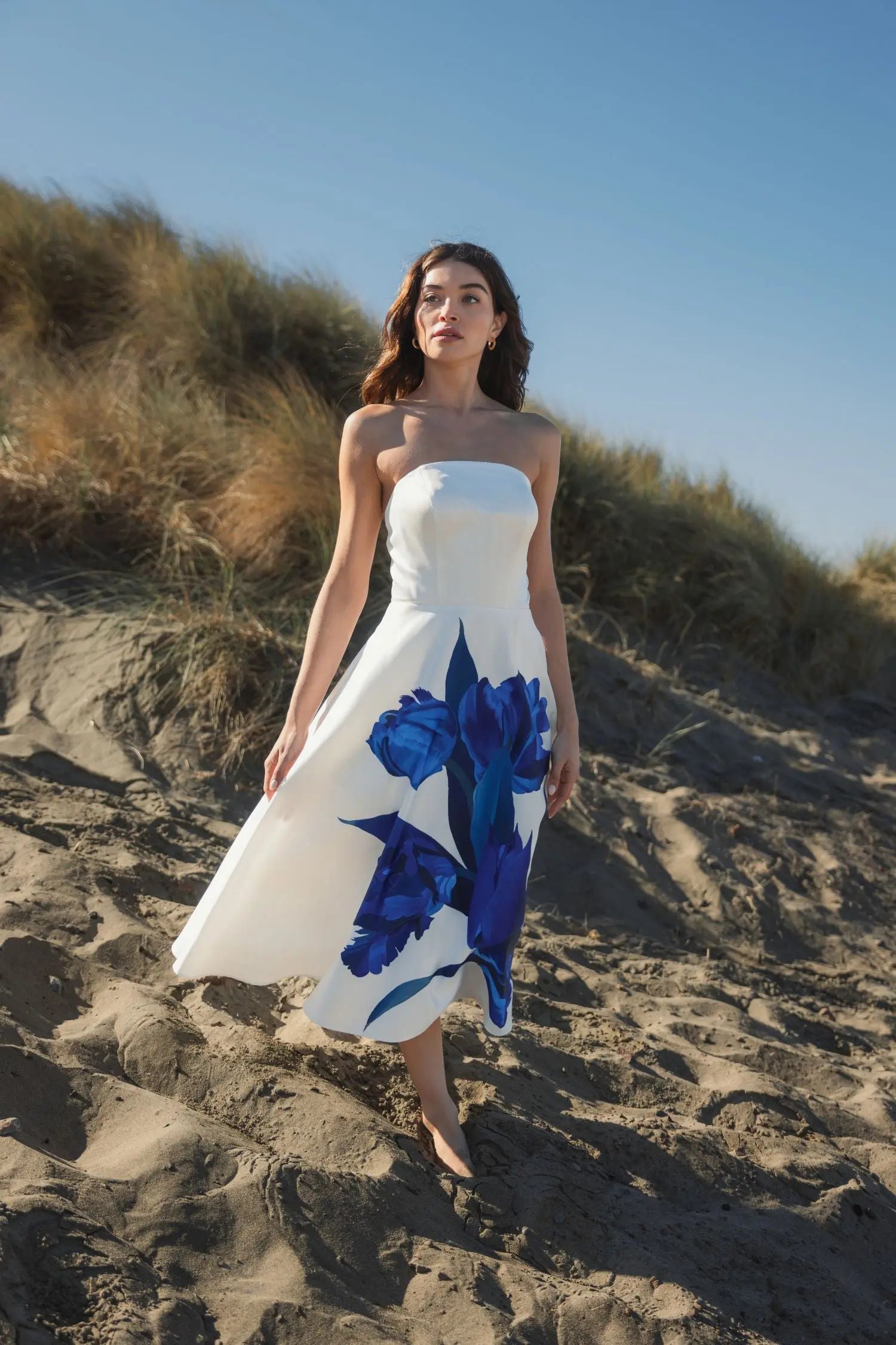 White Strapless Satin Midi Dress With Flower Print | Mac Duggal White Strapless Satin Midi Dress With Flower Print | Mac Duggal