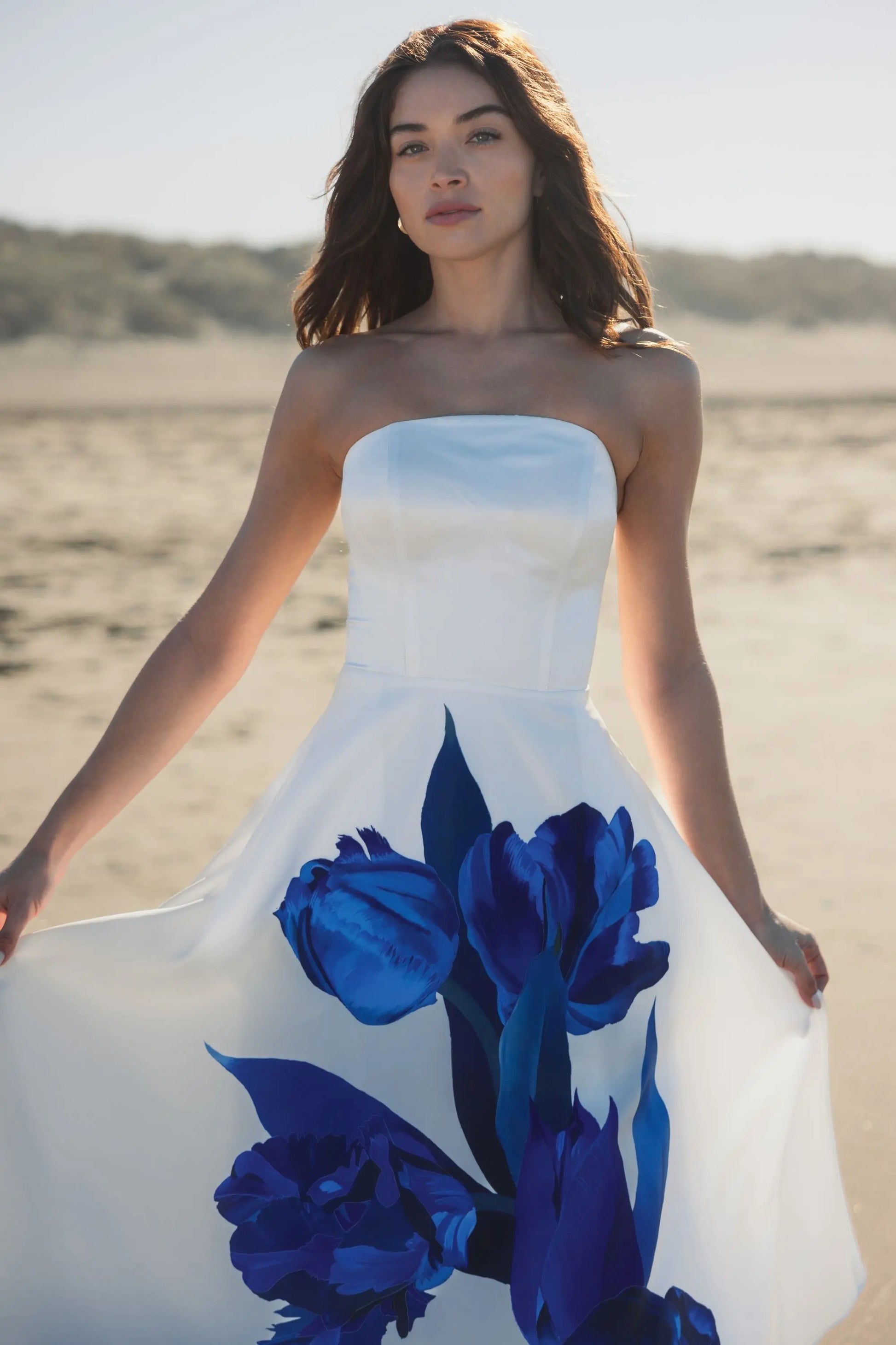 White Strapless Satin Midi Dress With Flower Print | Mac Duggal White Strapless Satin Midi Dress With Flower Print | Mac Duggal