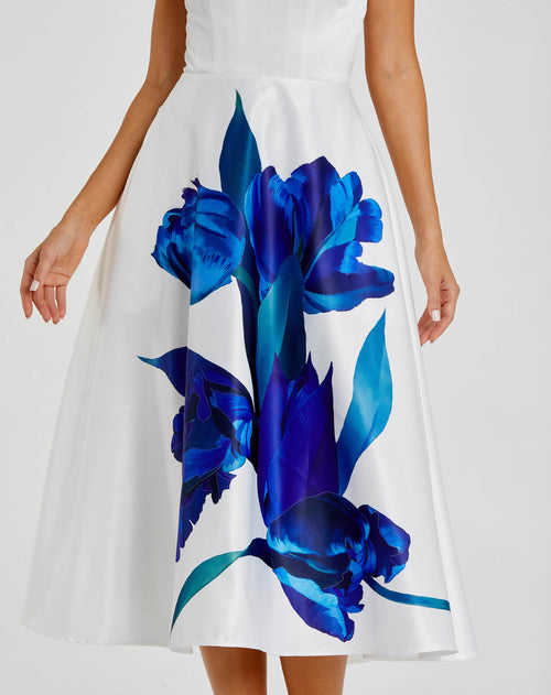 Strapless Satin Midi Dress With Flower Print