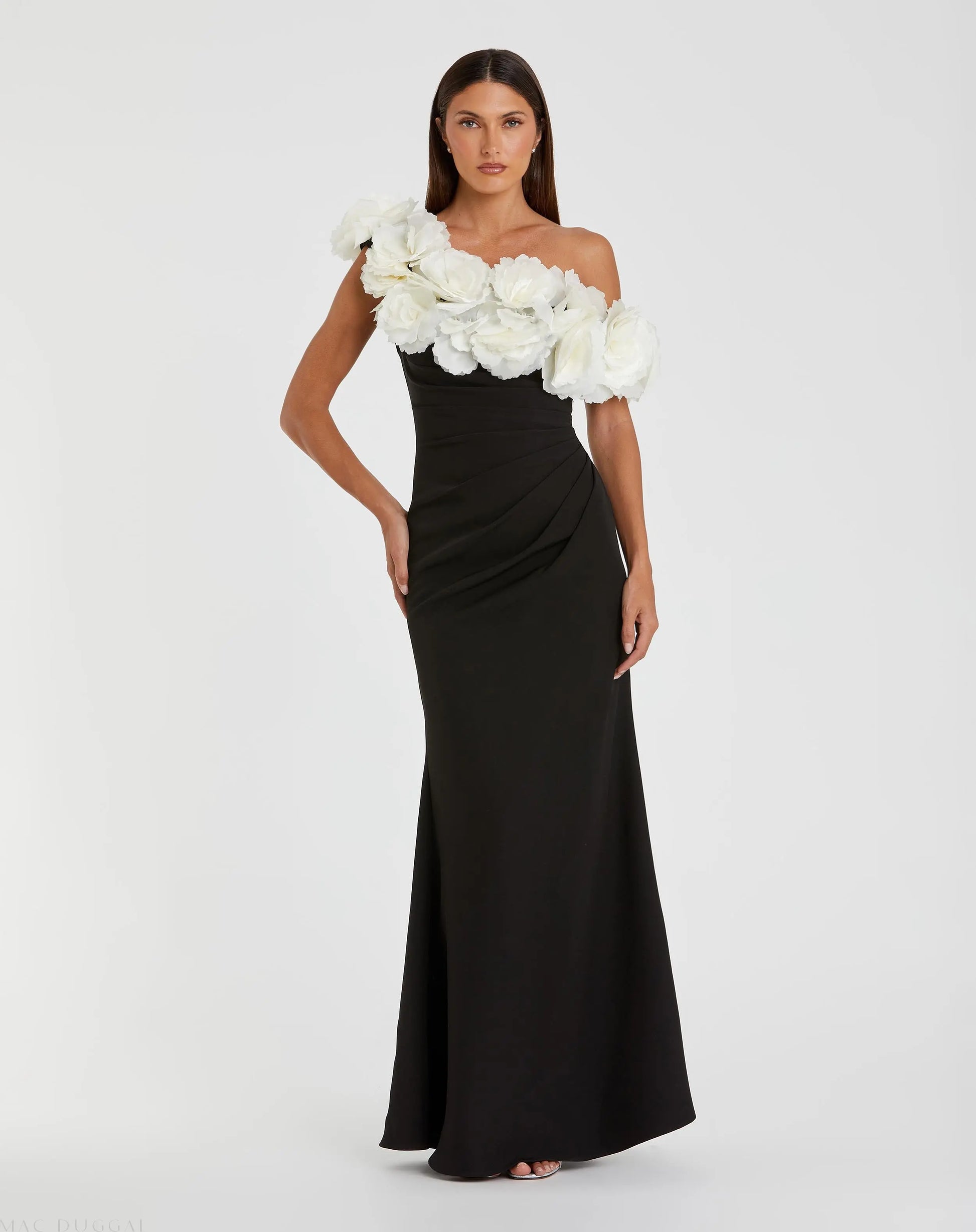 Black and White Jersey Gown With 3D Flower Off The Shoulder Detail | Mac Duggal Black and White Jersey Gown With 3D Flower Off The Shoulder Detail | Mac Duggal