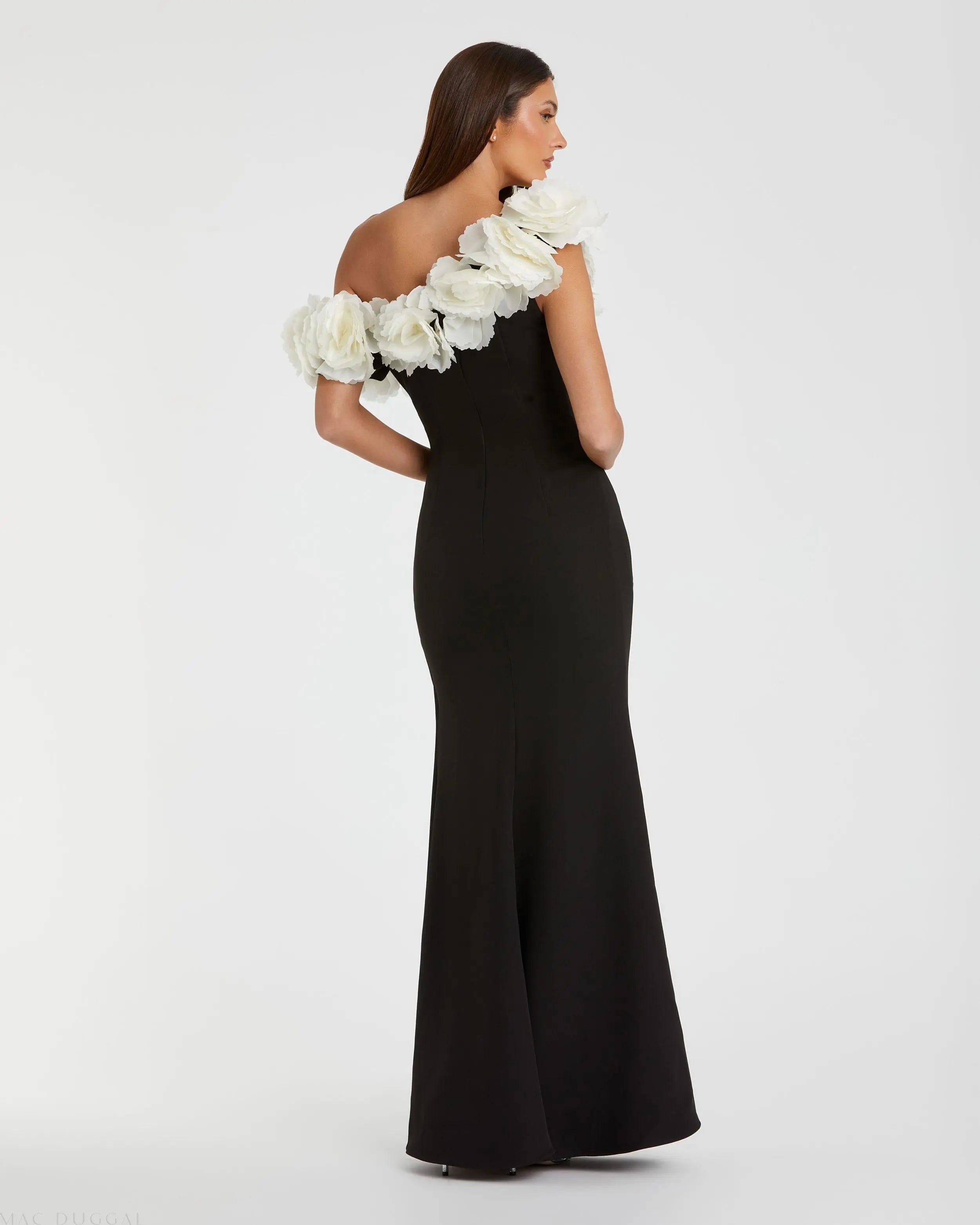Black and White Jersey Gown With 3D Flower Off The Shoulder Detail Mac Duggal