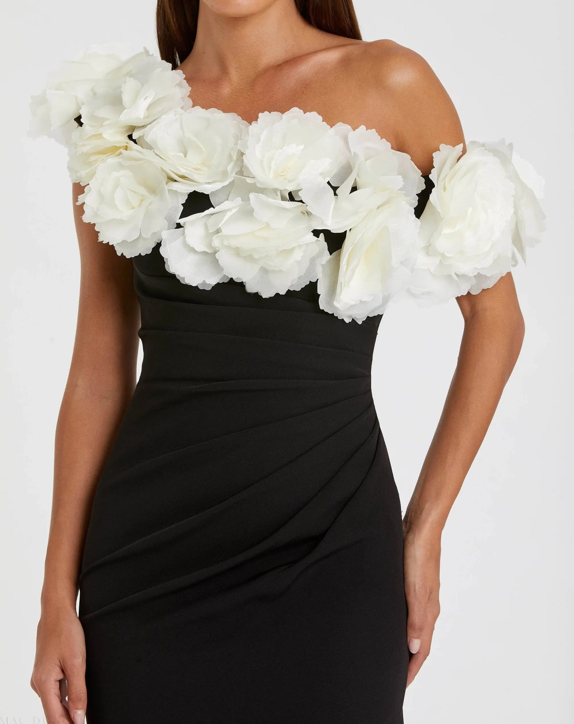 Black and White Jersey Gown With 3D Flower Off The Shoulder Detail | Mac Duggal Black and White Jersey Gown With 3D Flower Off The Shoulder Detail | Mac Duggal
