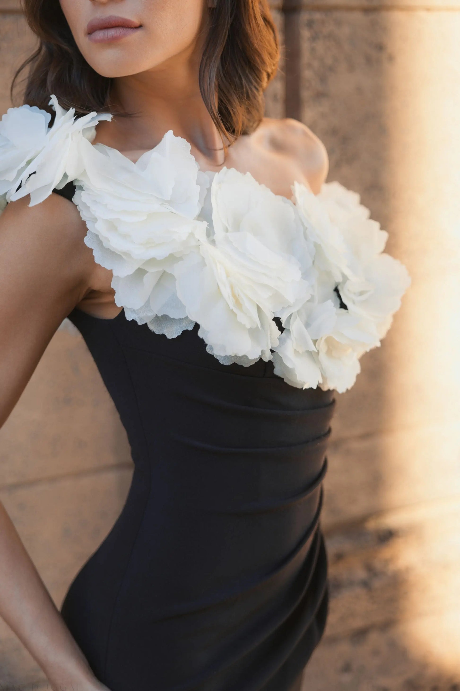 Black and White Jersey Gown With 3D Flower Off The Shoulder Detail | Mac Duggal Black and White Jersey Gown With 3D Flower Off The Shoulder Detail | Mac Duggal