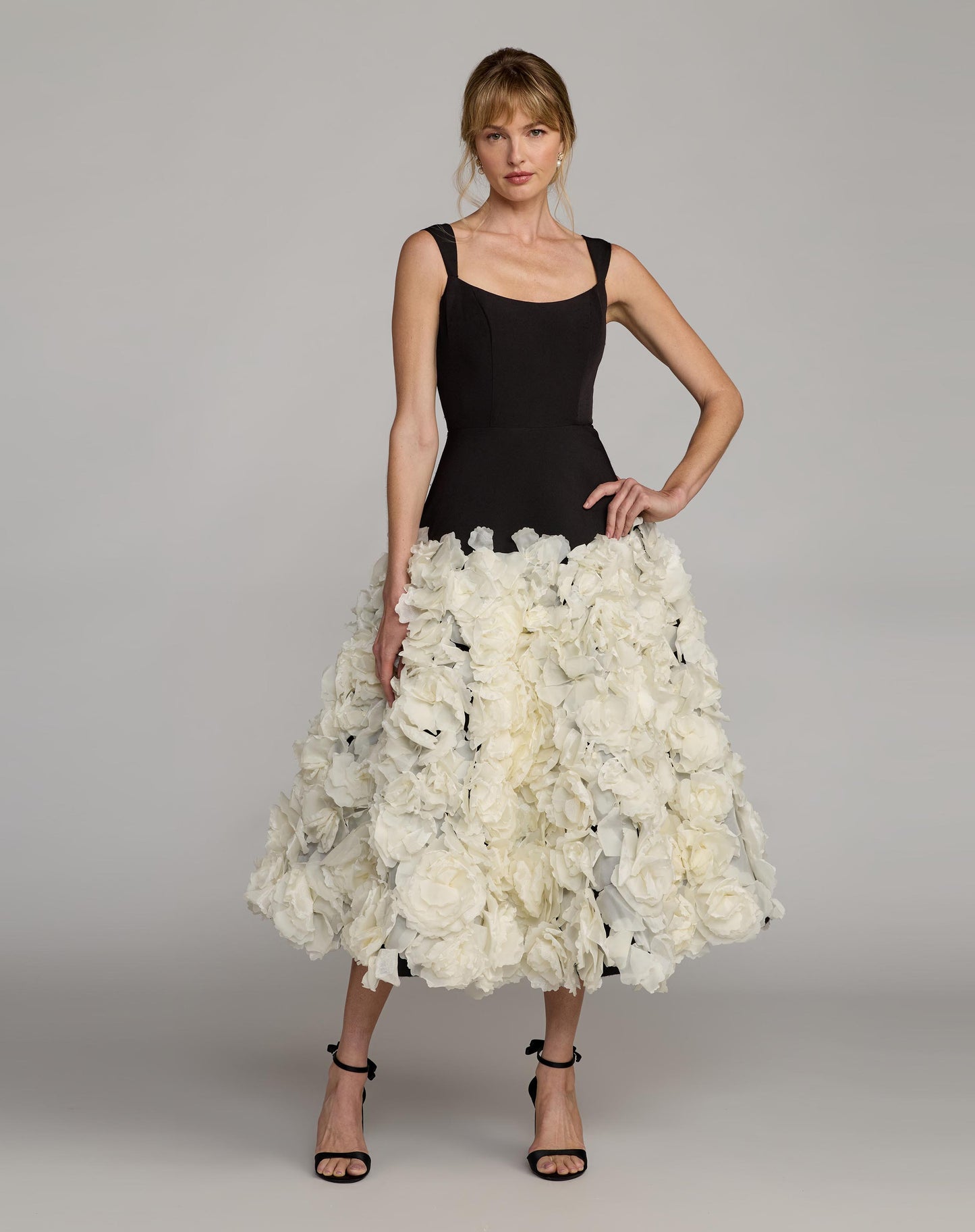 Black and White A Line Midi Dress With Floral Hem Mac Duggal