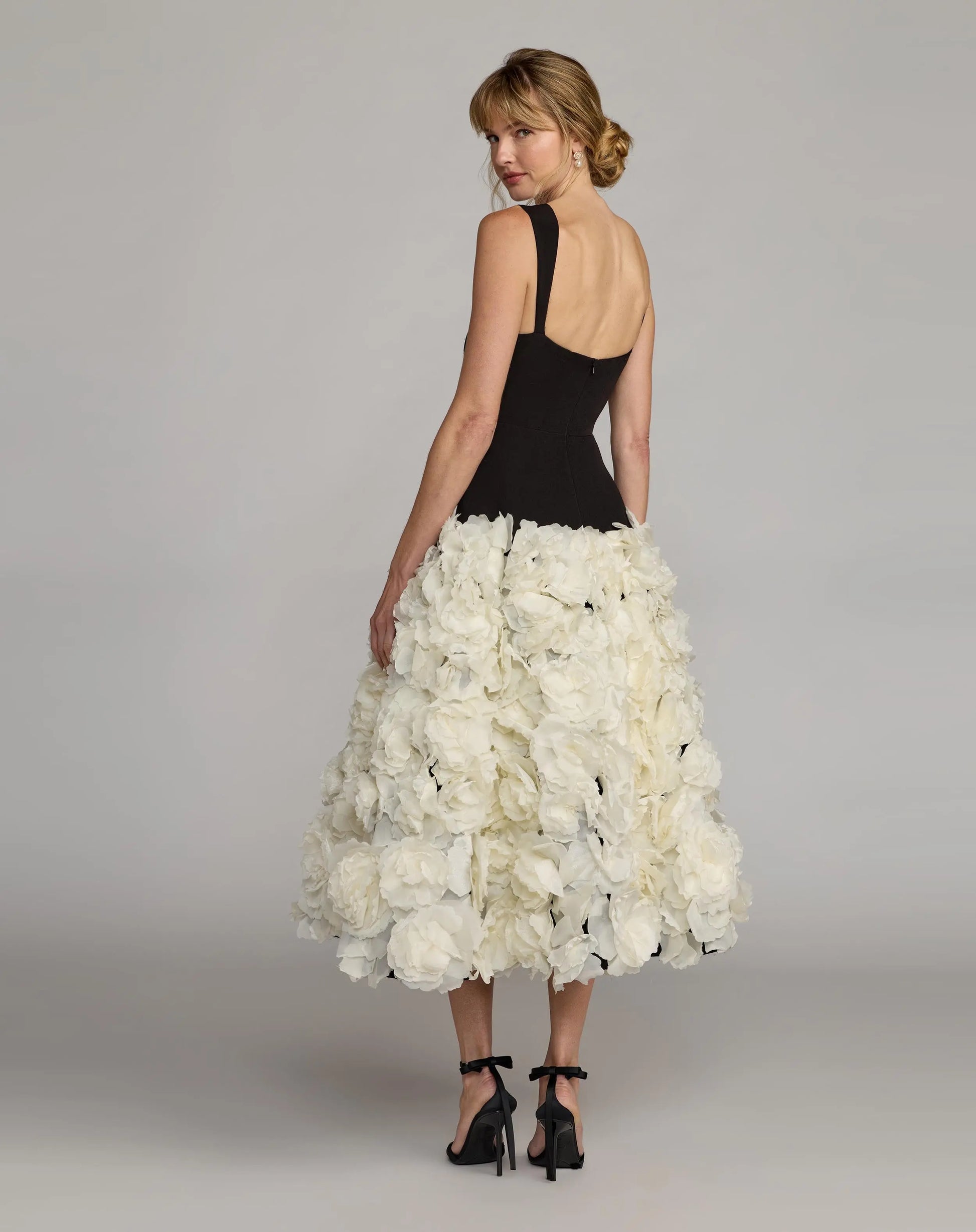 Black Sleeveless A-Line Midi Dress With 3D Floral Skirt