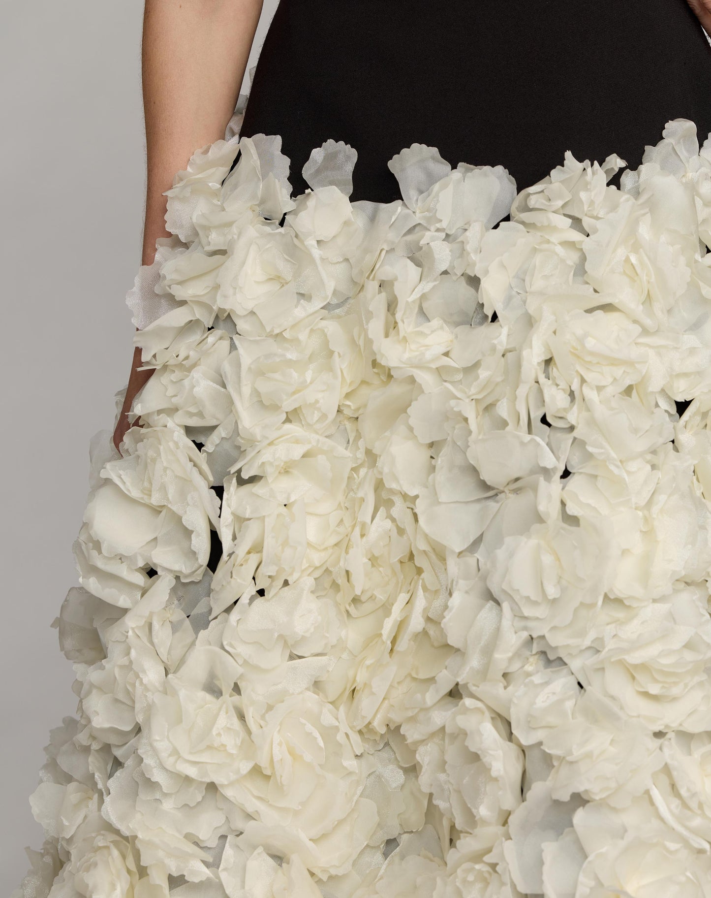 Black and White A Line Midi Dress With Floral Hem Mac Duggal