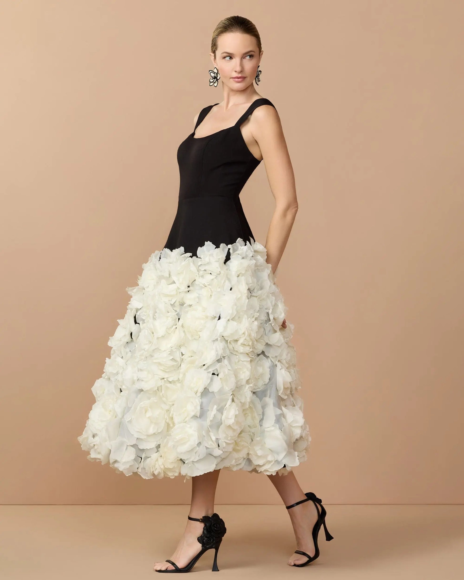 Black Sleeveless A-Line Midi Dress With 3D Floral Skirt