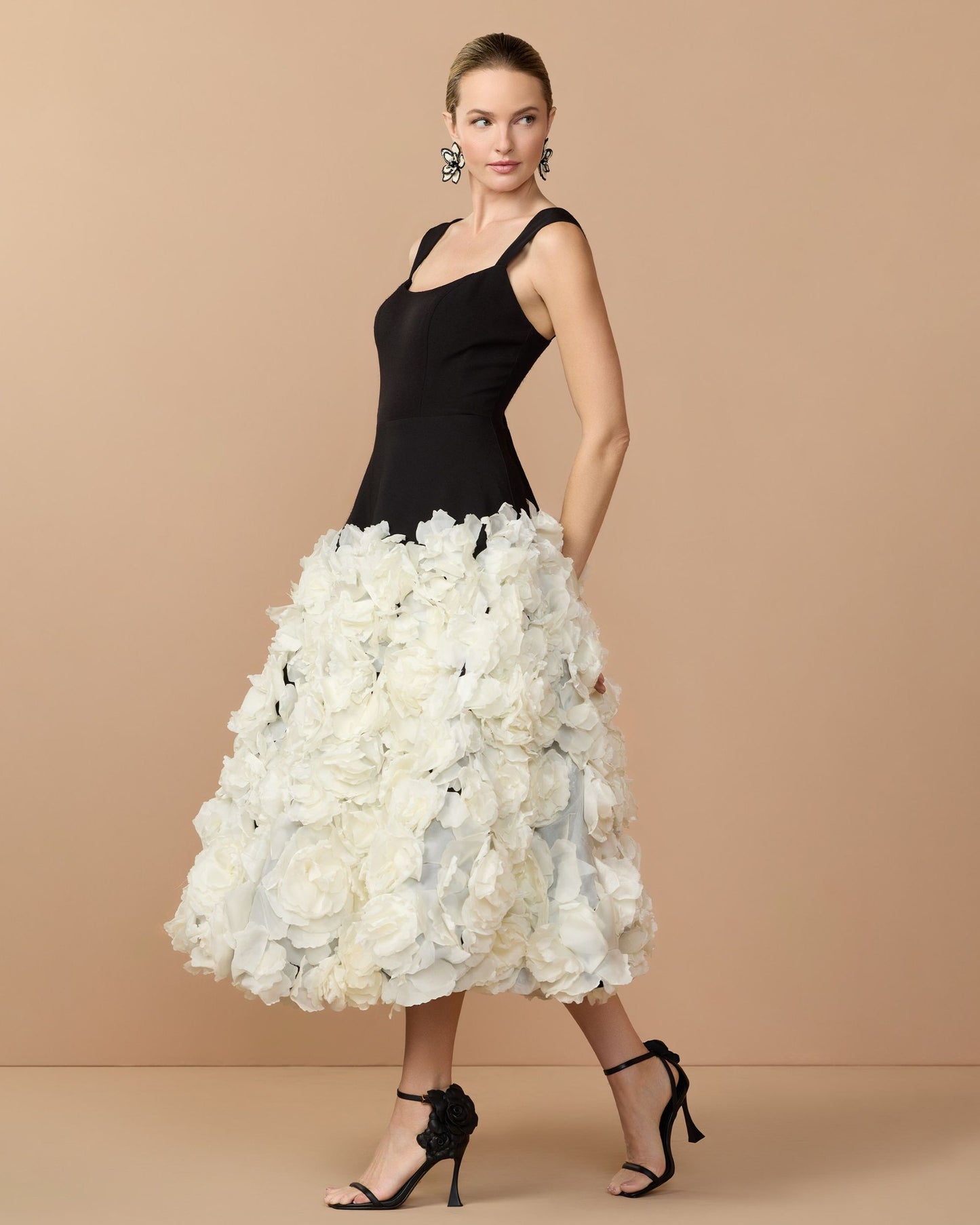 Black and White A Line Midi Dress With Floral Hem Mac Duggal