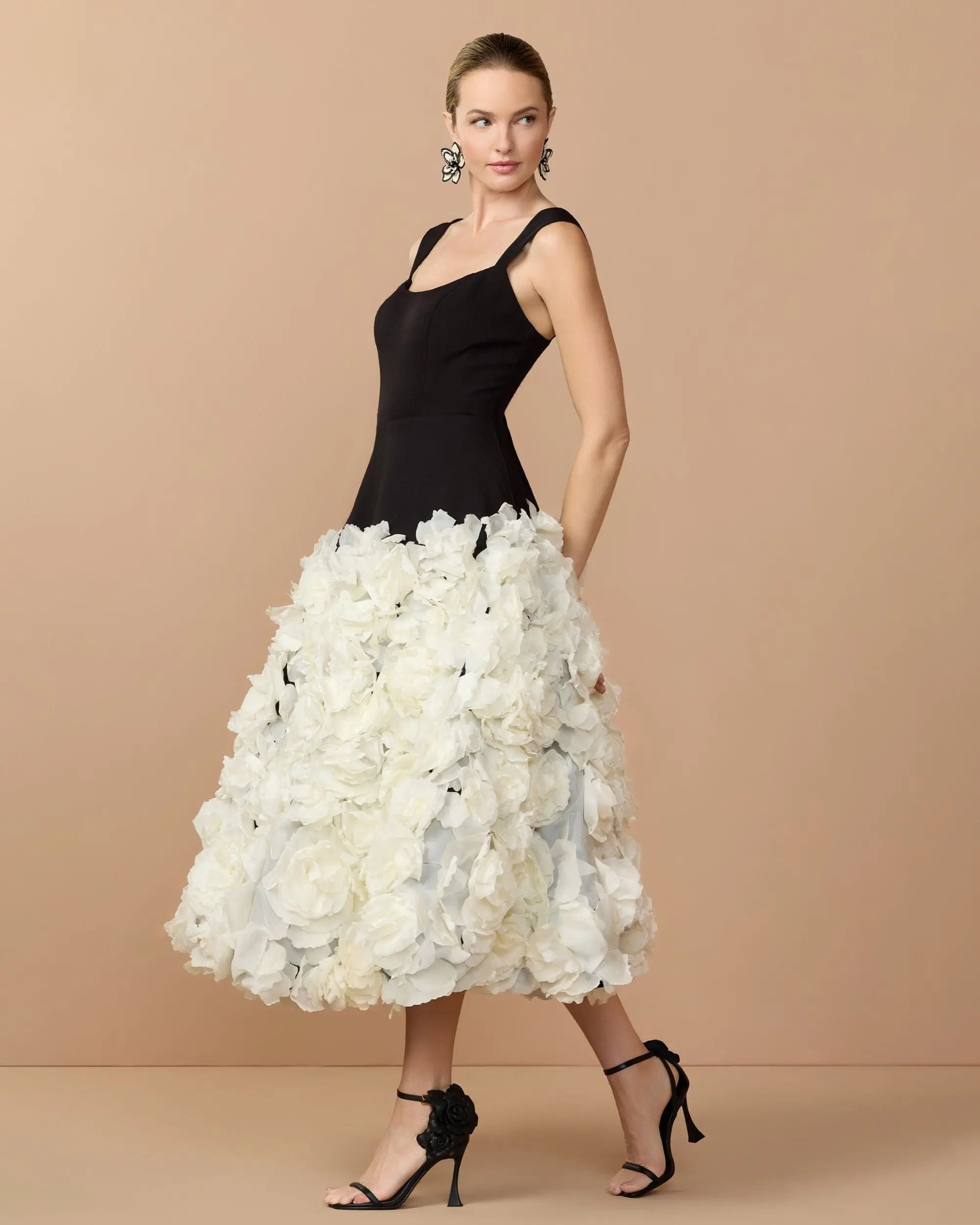 Black Sleeveless A-Line Midi Dress With 3D Floral Skirt - Mac Duggal