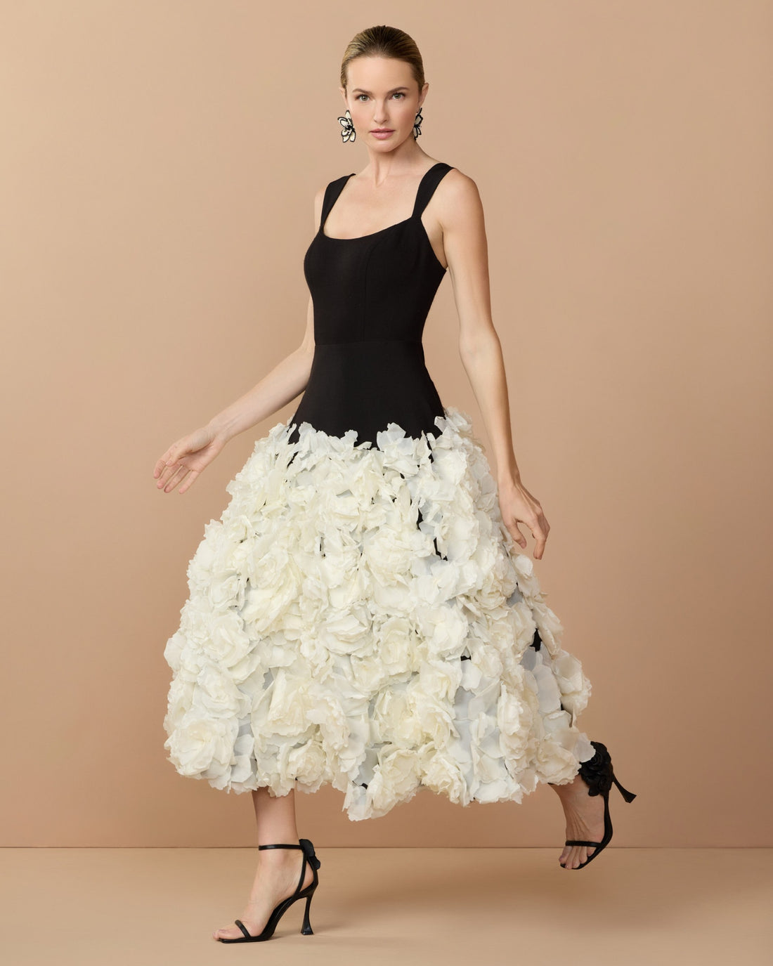 Black and White A Line Midi Dress With Floral Hem Mac Duggal