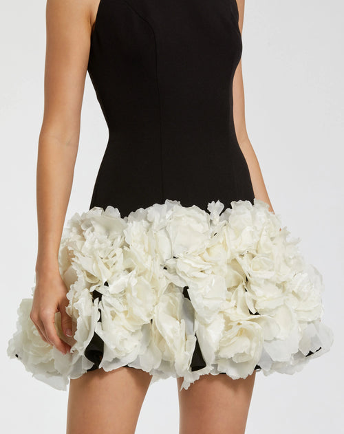 Black and White Sleeveless High Neck Mini Dress with 3D Floral Skirt Mac Duggal