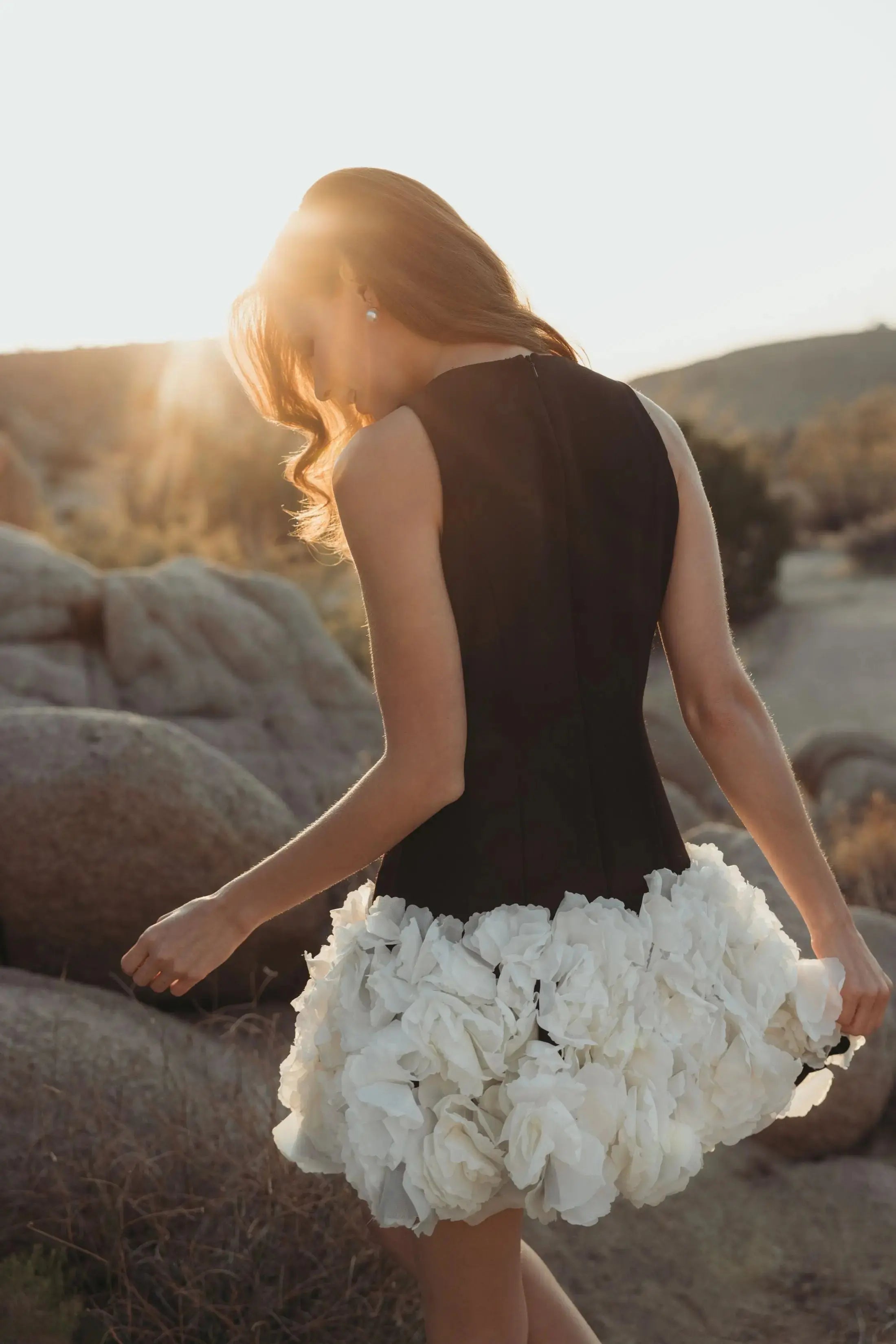 Black and White Sleeveless High Neck Mini Dress with 3D Floral Skirt - Mac Duggal