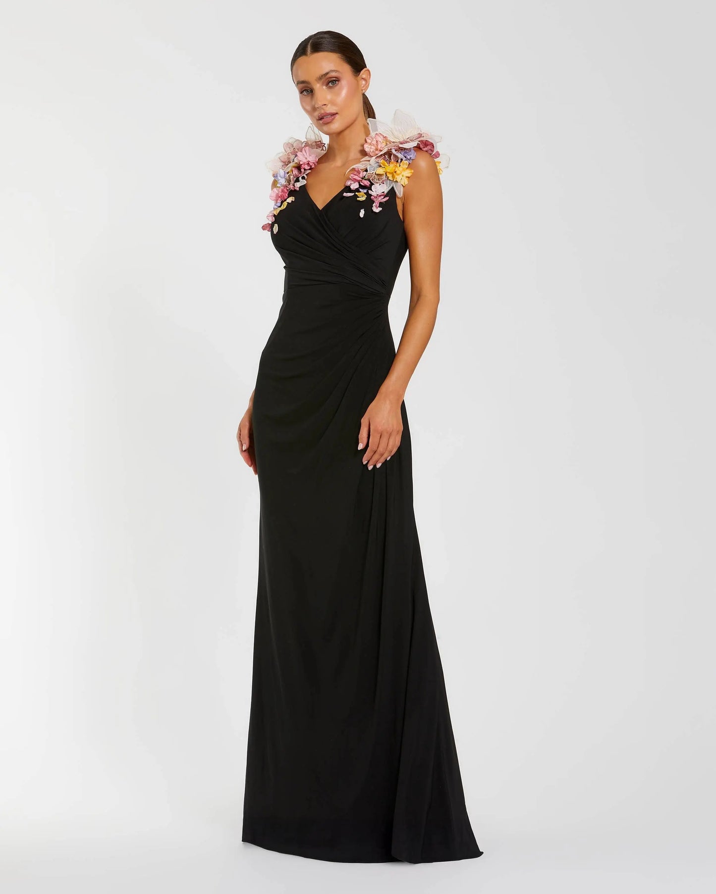 Black Jersey V Neck Gown With 3D Flowers Mac Duggal