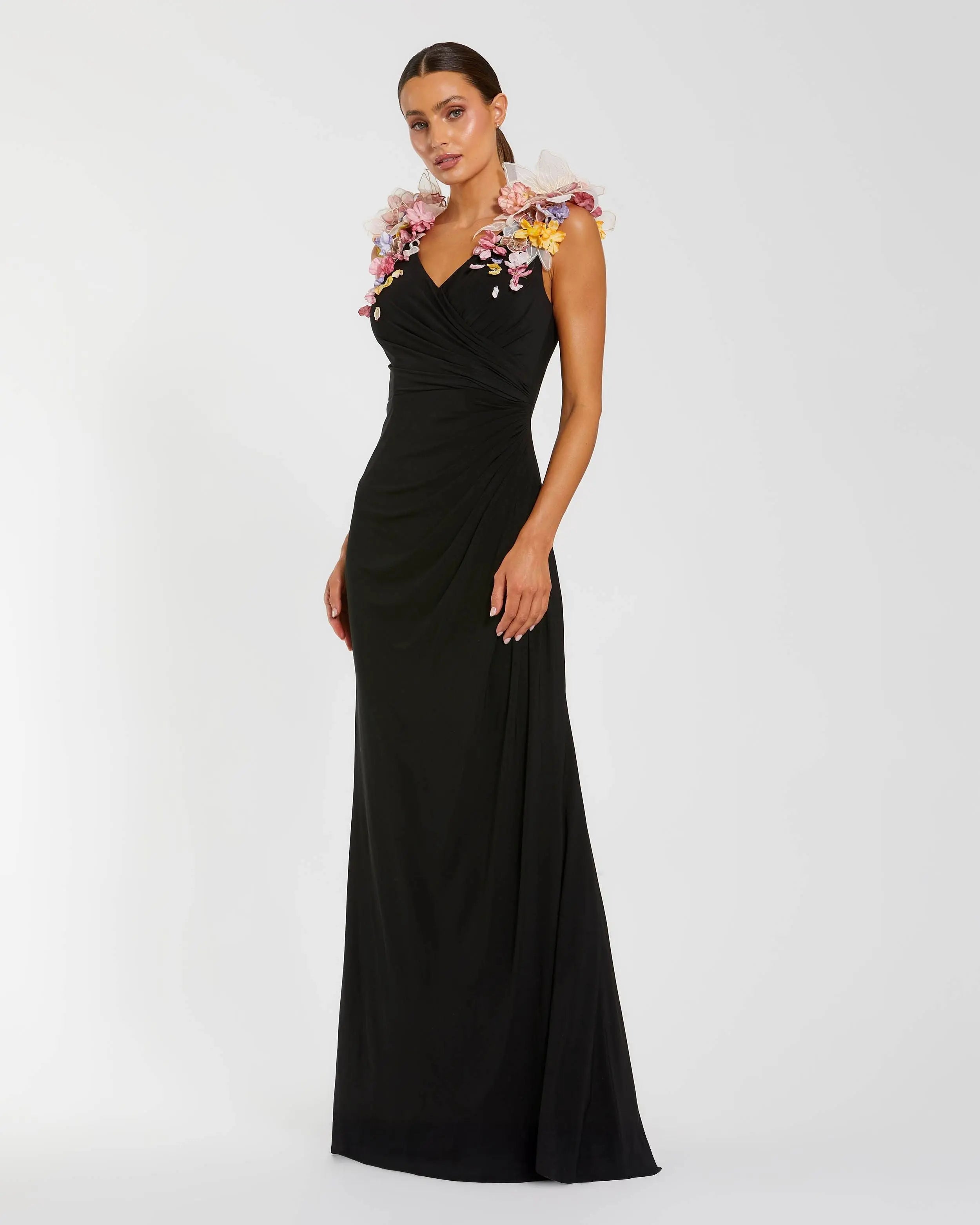 Black Jersey V Neck Gown With 3D Flowers Mac Duggal