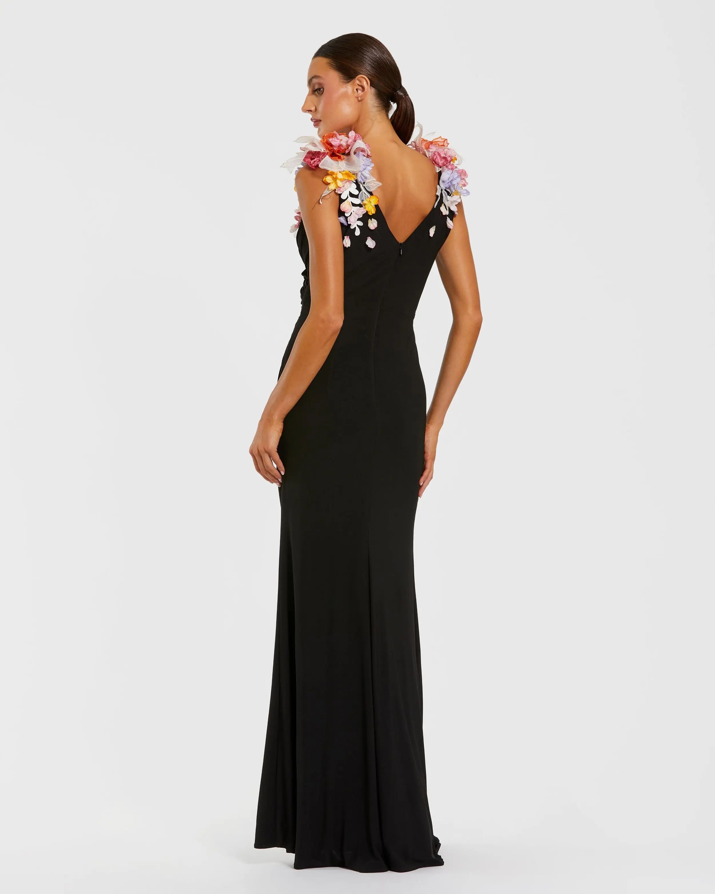 Black Jersey V Neck Gown With 3D Flowers Mac Duggal