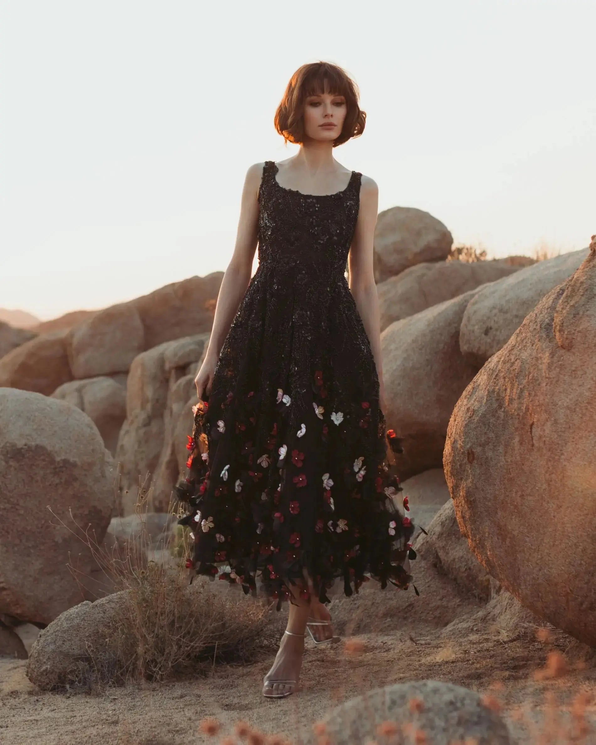 Mac Duggal Collection - Black Sleeveless Beaded Midi Dress With 3D Flowers