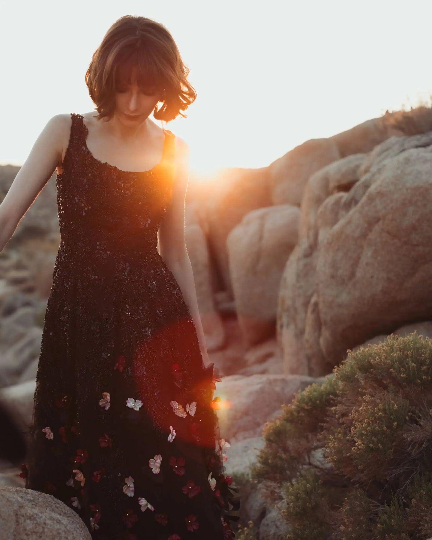 Black Sleeveless Beaded Midi Dress With 3D Flowers Mac Duggal