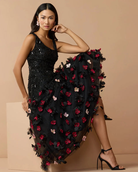 Black Sleeveless Beaded Midi Dress With 3D Flowers