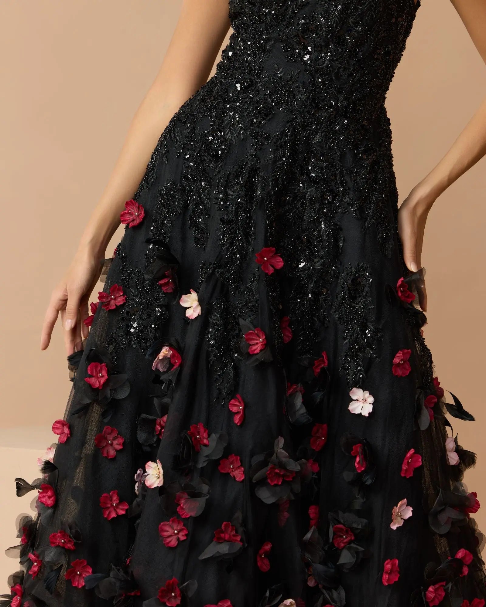 Mac Duggal Collection - Black Sleeveless Beaded Midi Dress With 3D Flowers
