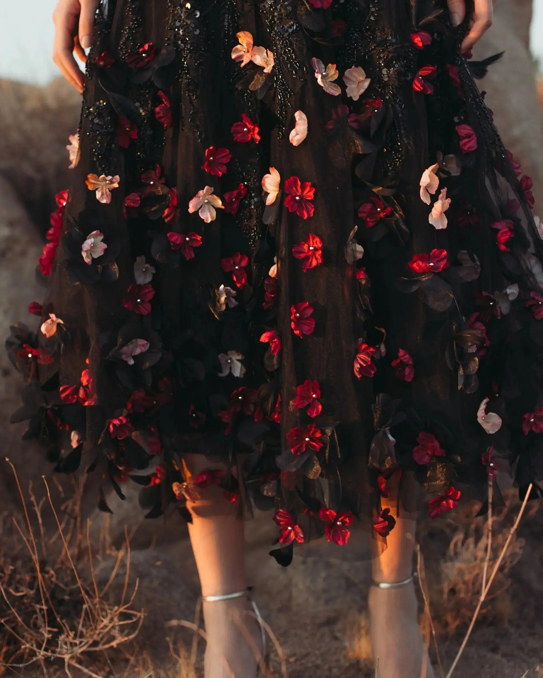 Black Sleeveless Beaded Midi Dress With 3D Flowers Mac Duggal