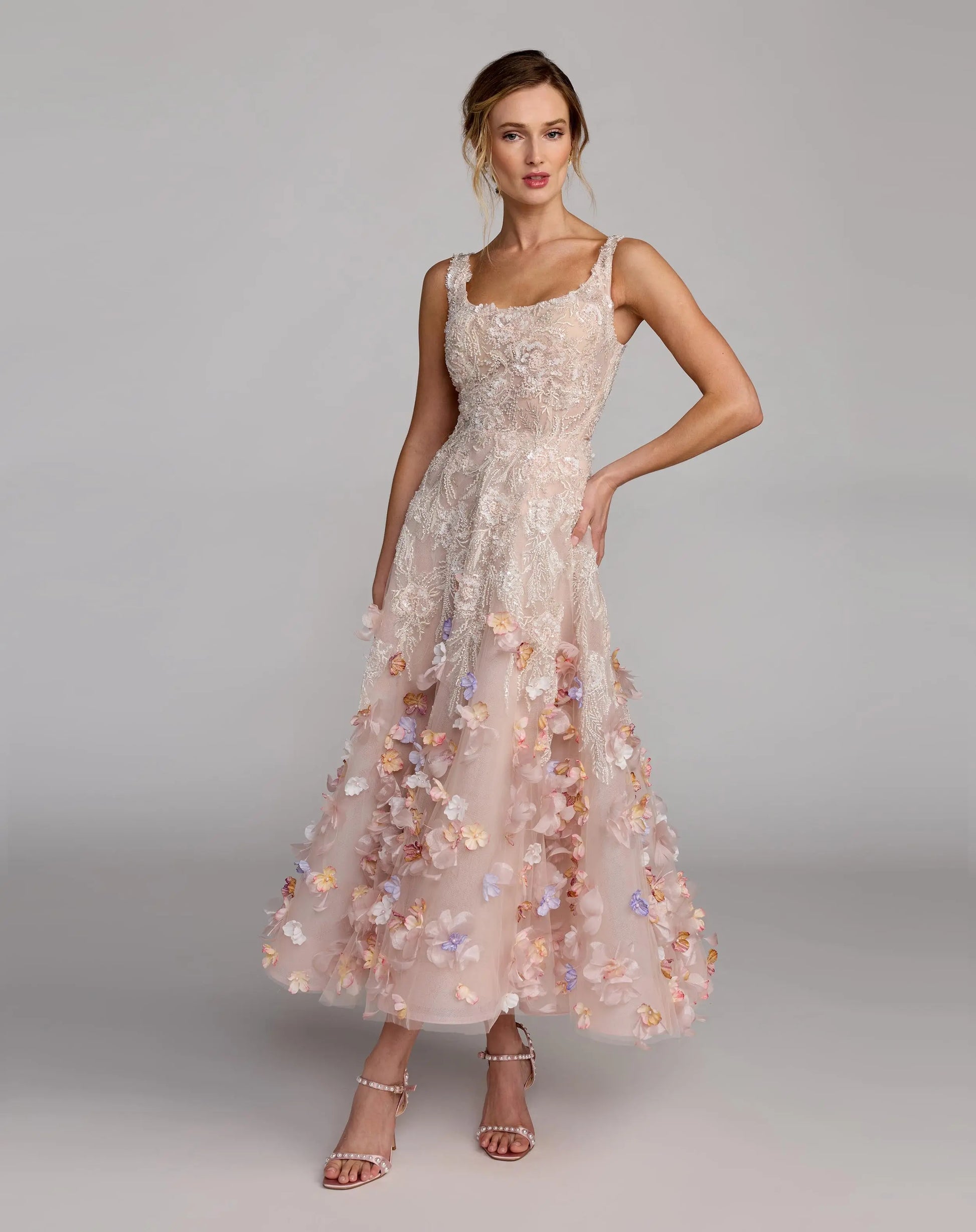 mac duggal pink sleeveless hand beaded floral midi dress Pink Sleeveless Hand Embellished Floral Maxi Dress