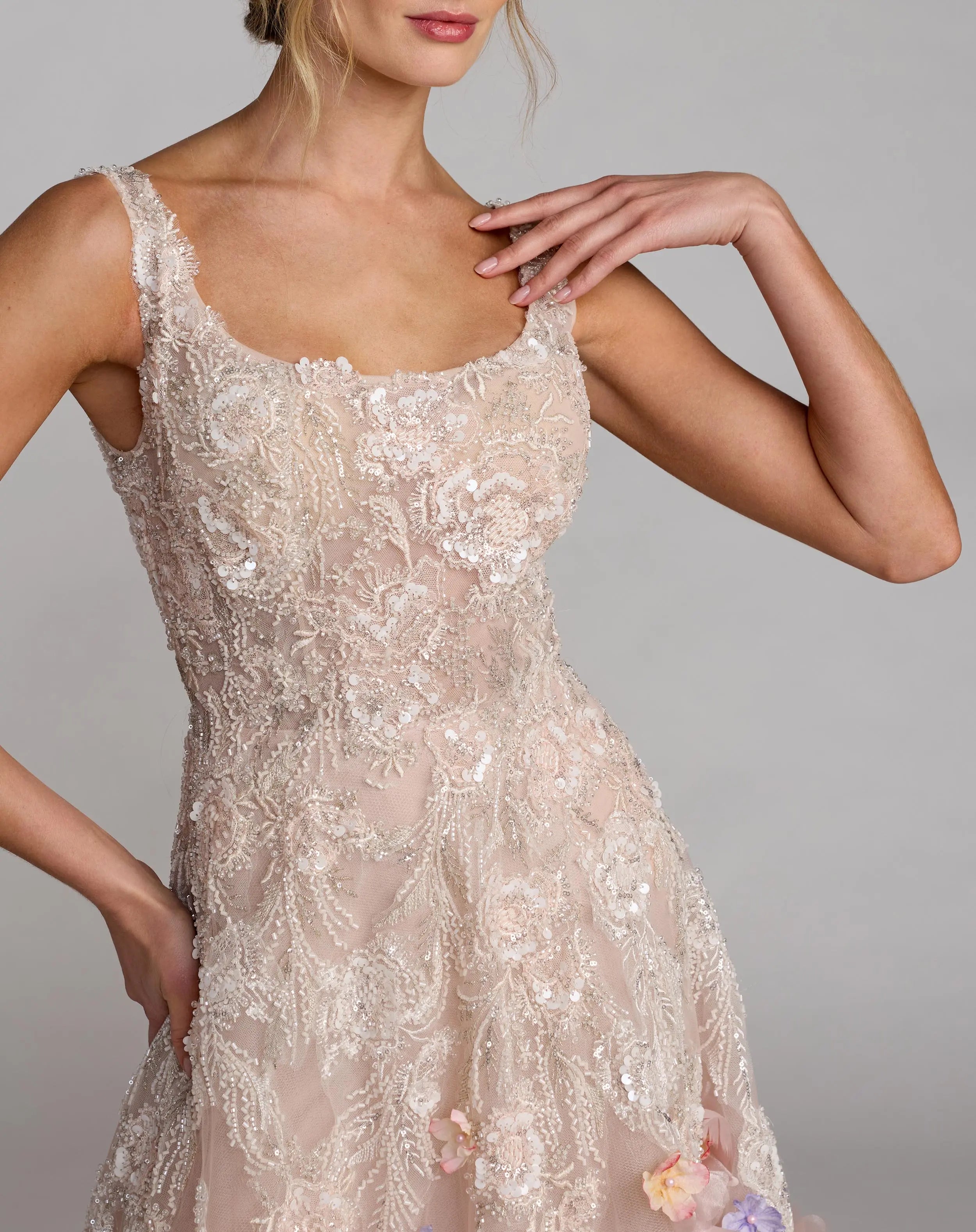 Pink Sleeveless Beaded Midi Dress With 3D Flowers Mac Duggal