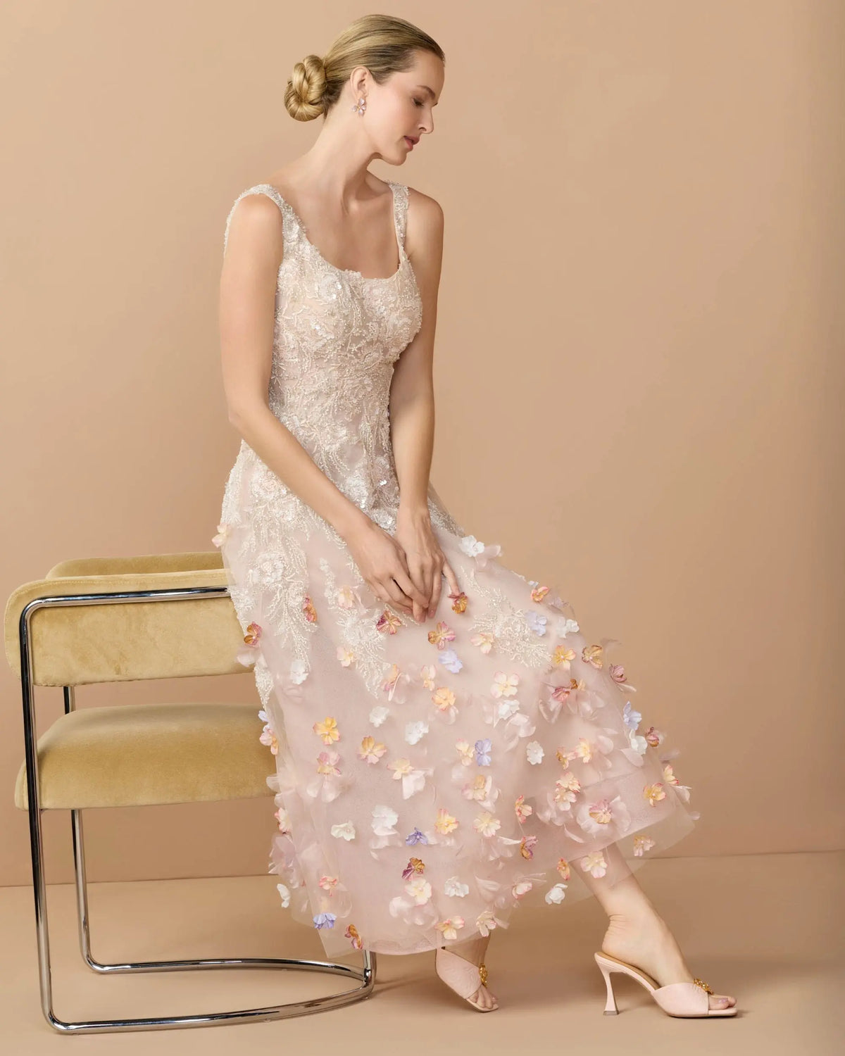 Blush Multi Sleeveless Beaded Midi Dress With 3D Flowers - Mac Duggal