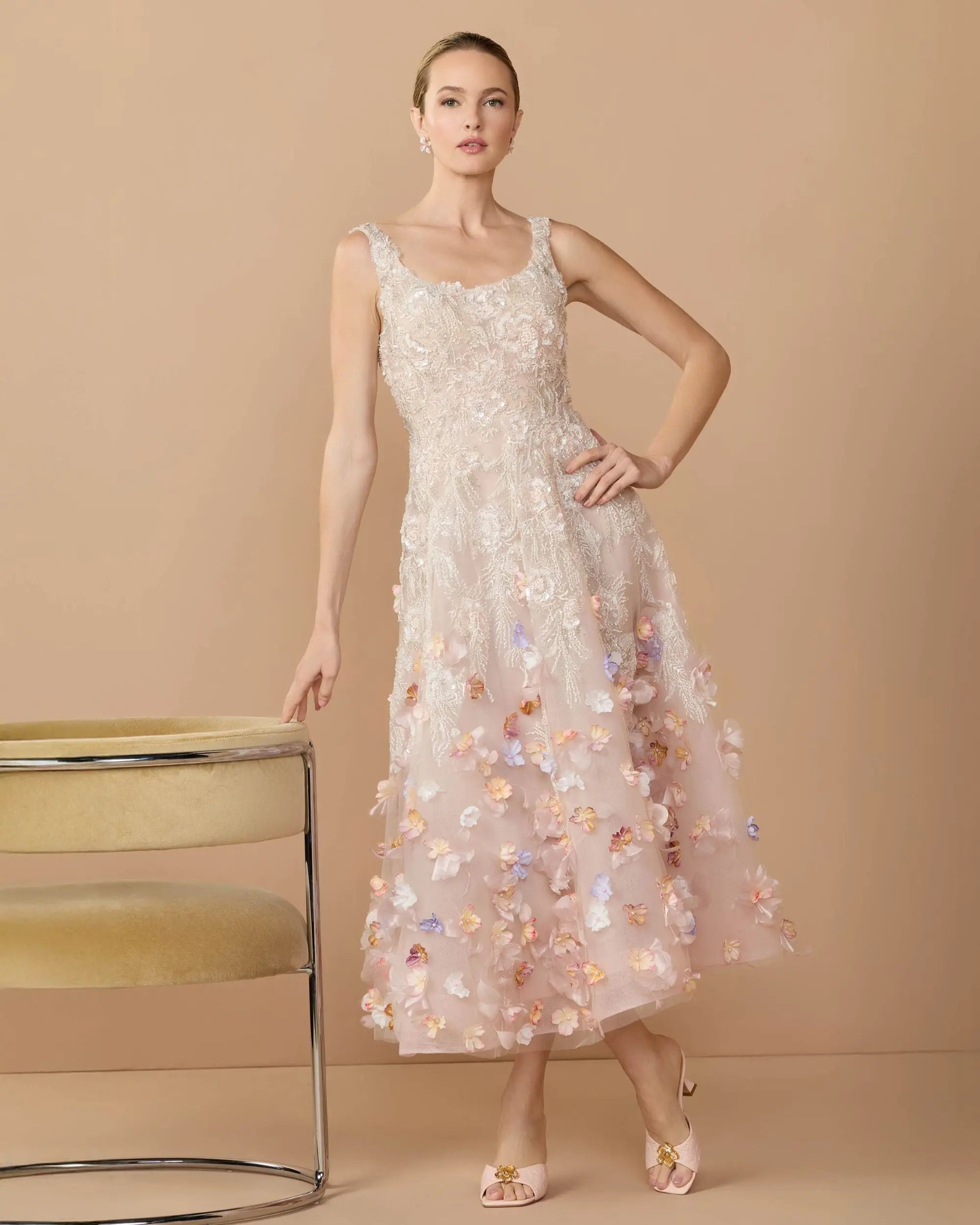 mac duggal pink sleeveless floral chiffon micro ruffle midi dress Mac Duggal Women's Sleeveless Beaded With 3D Flowers Midi Dress - Ivory/Cream - Size 6