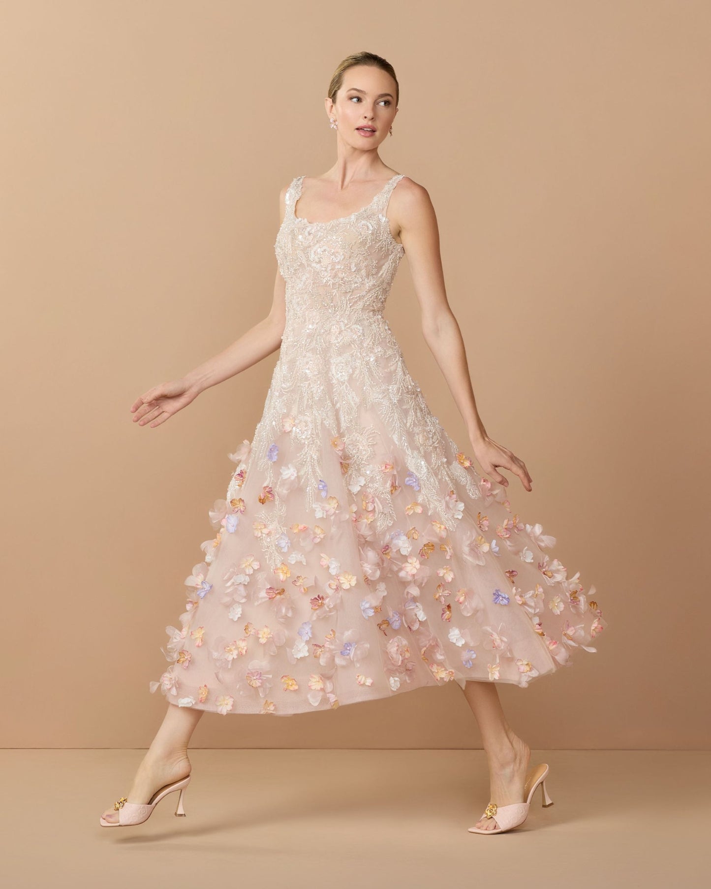 Sleeveless Beaded Midi Dress With 3D Flowers