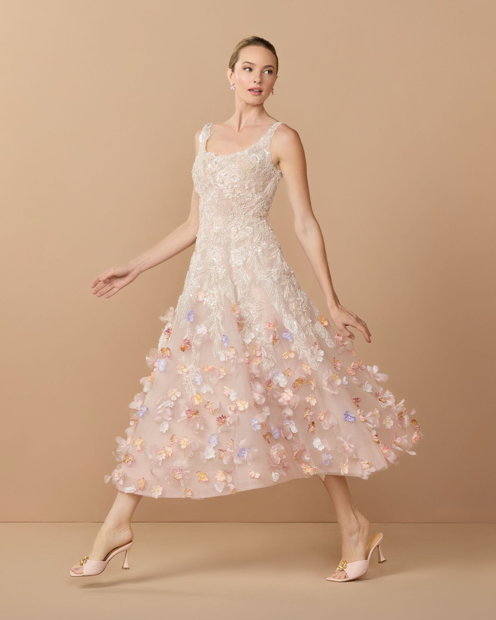 Sleeveless Beaded Midi Dress With 3D Flowers