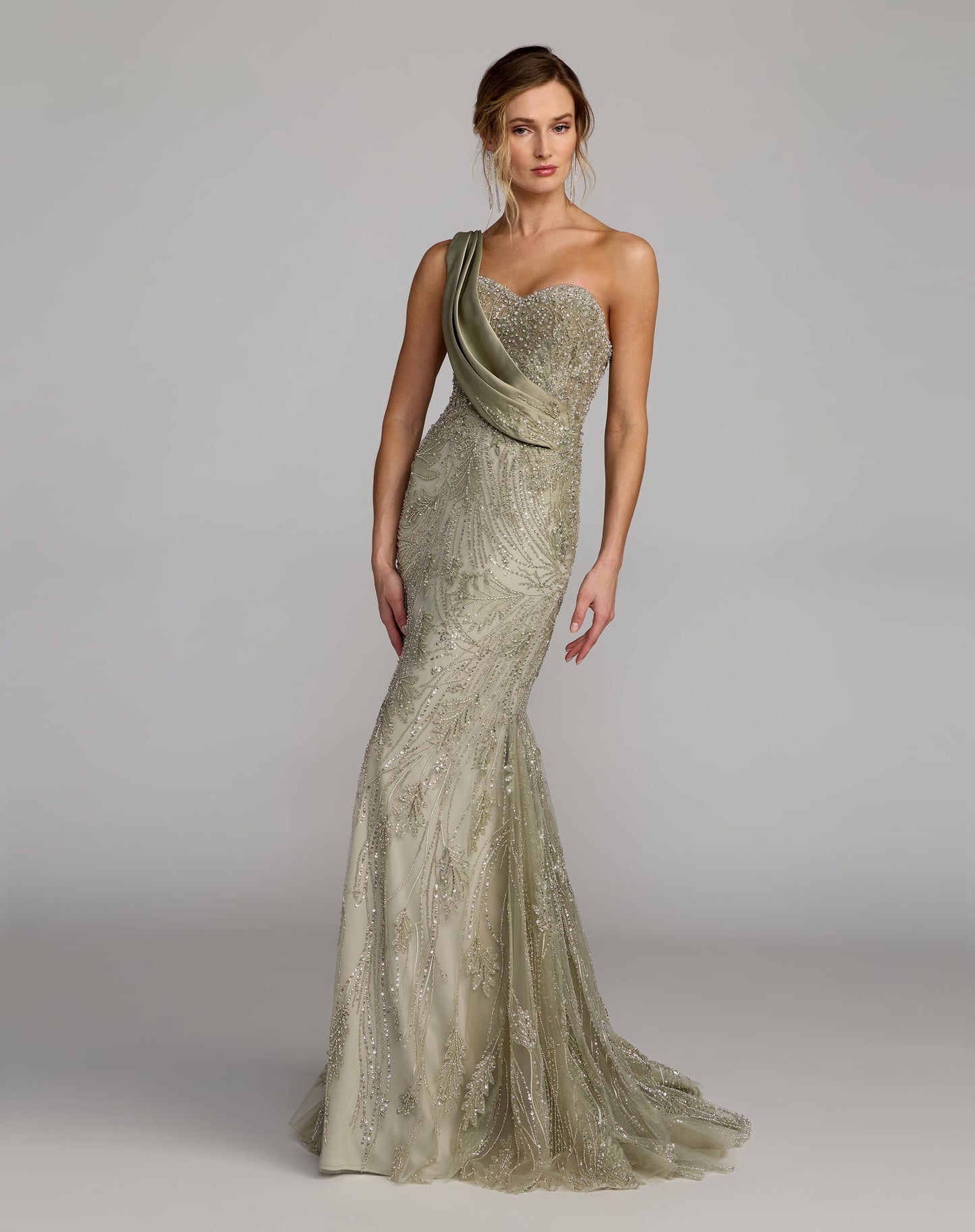 Green Beaded One Shoulder Draped Mermaid Gown Mac Duggal