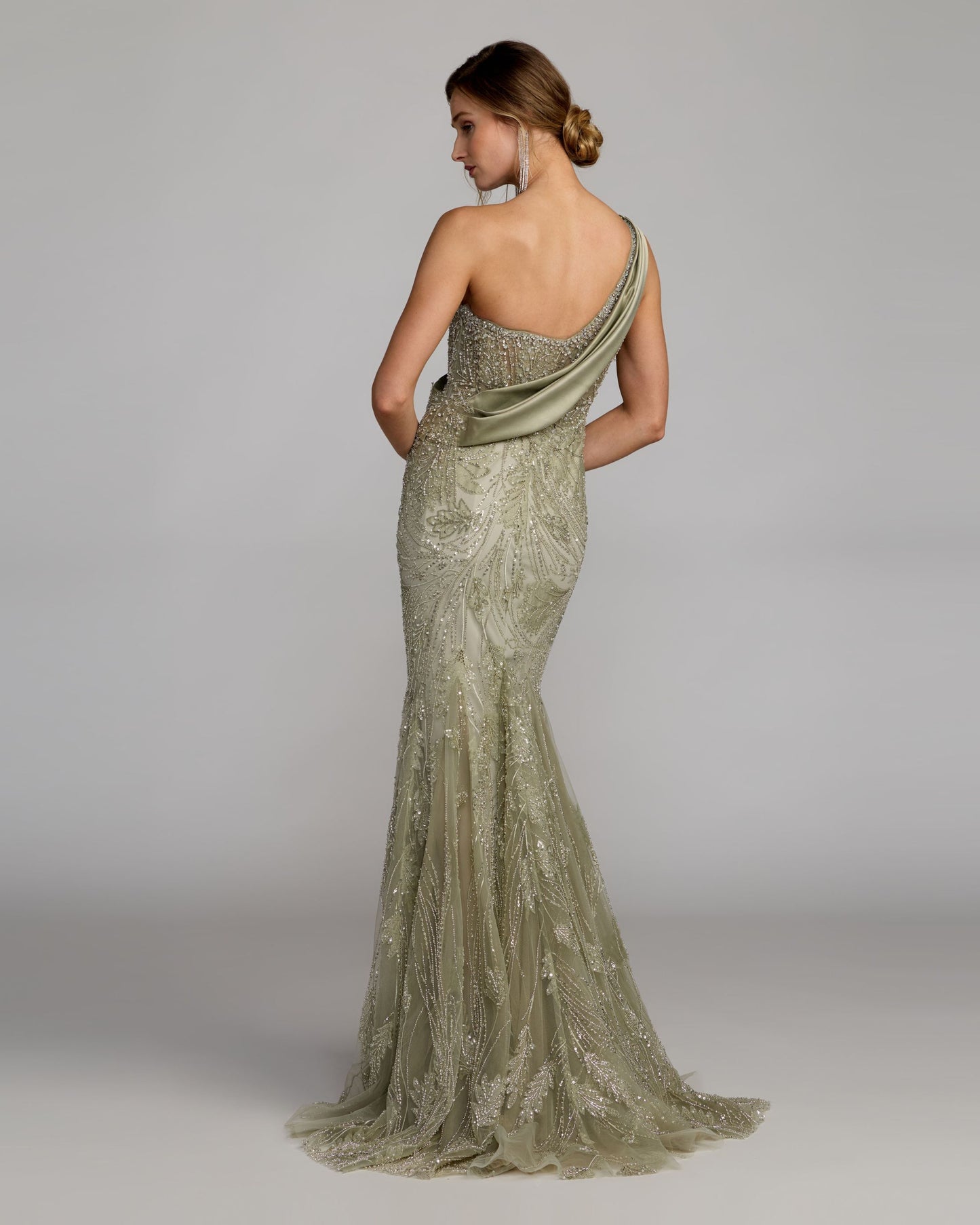 Green Beaded One Shoulder Draped Mermaid Gown Mac Duggal