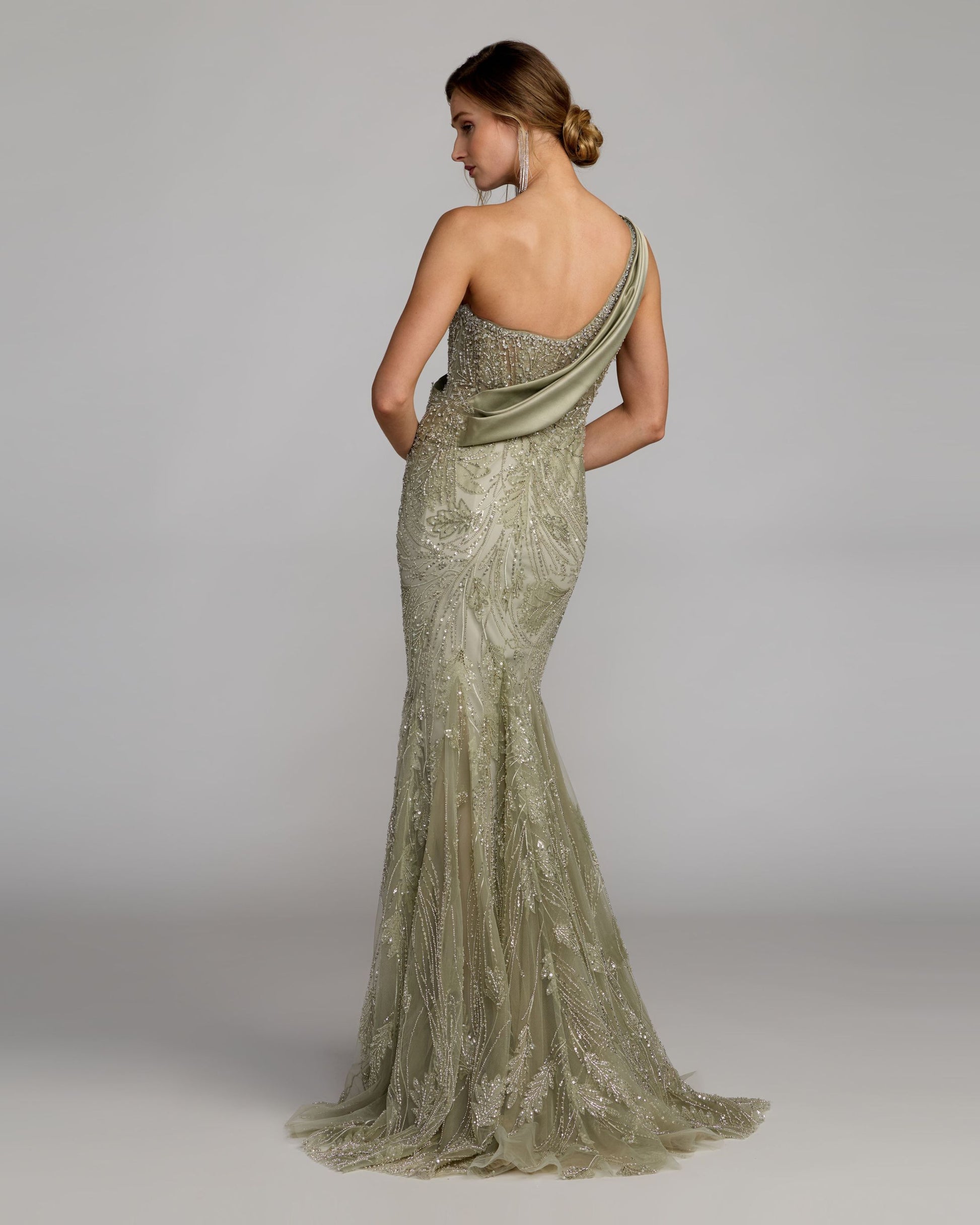 Green Beaded One Shoulder Draped Mermaid Gown Mac Duggal