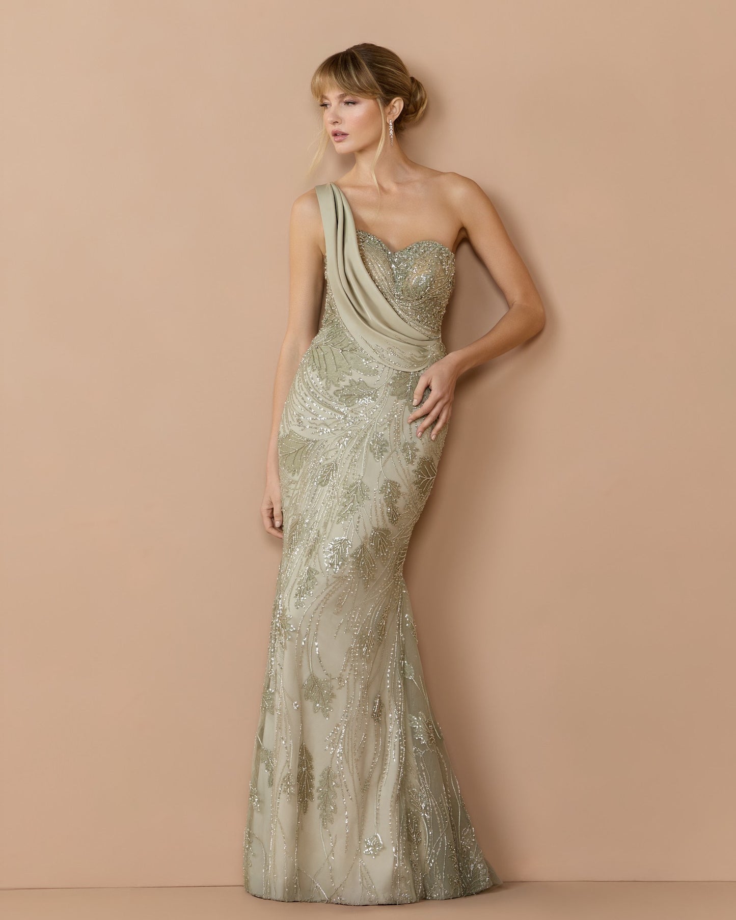 Green Beaded One Shoulder Draped Mermaid Gown