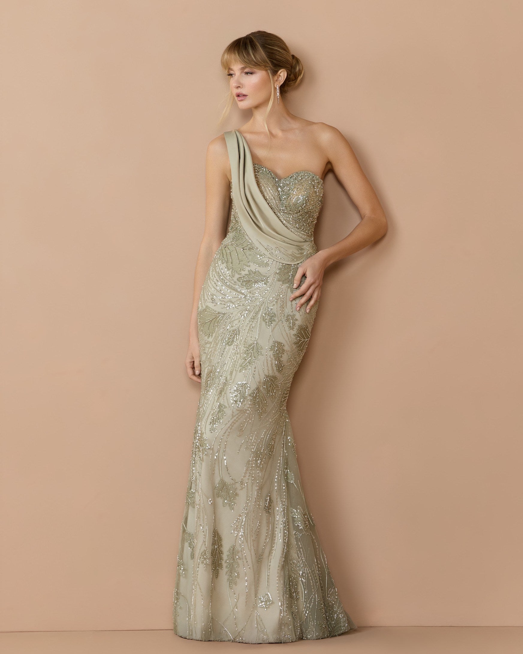 Green Beaded One Shoulder Draped Mermaid Gown