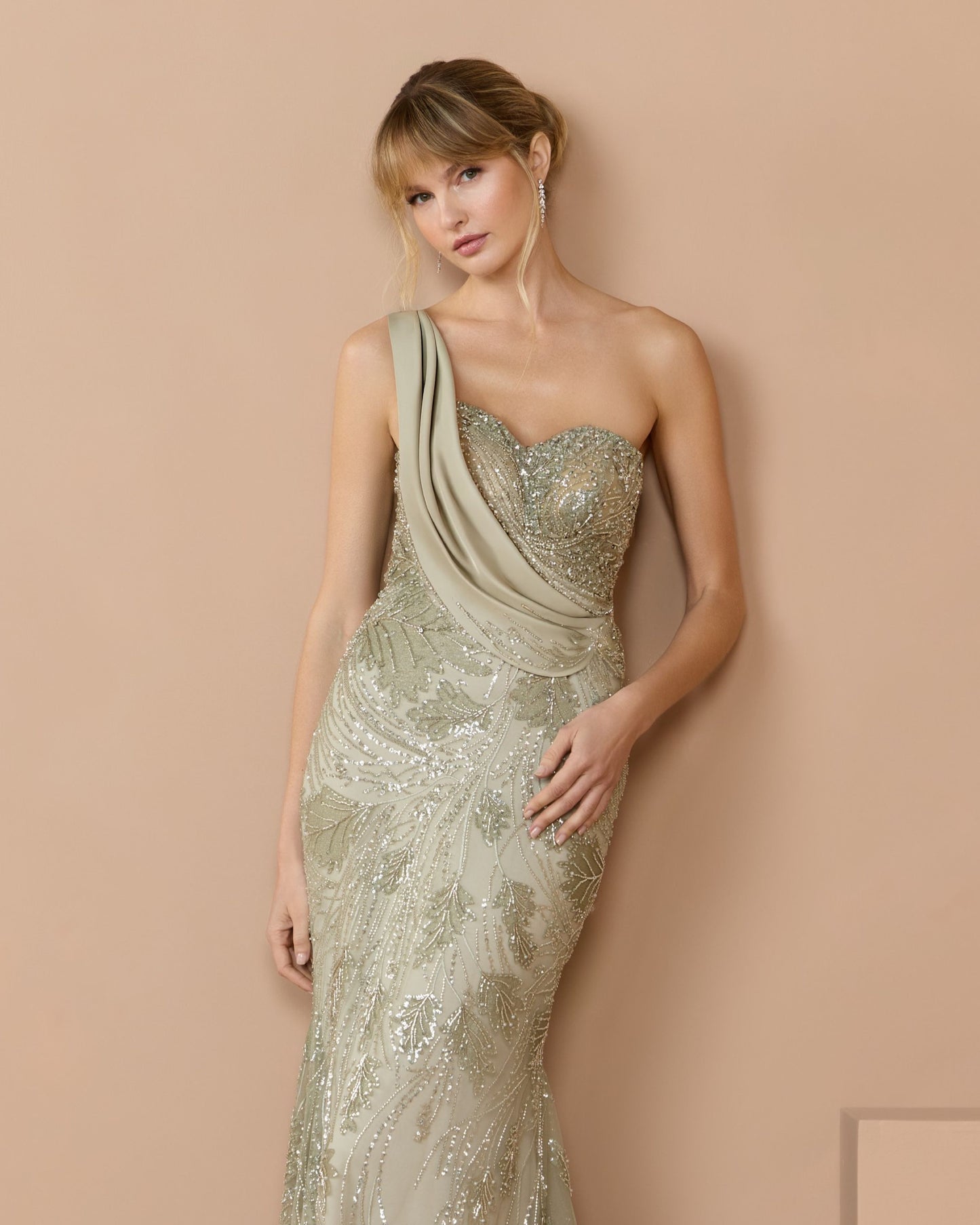 Green Beaded One Shoulder Draped Mermaid Gown Mac Duggal