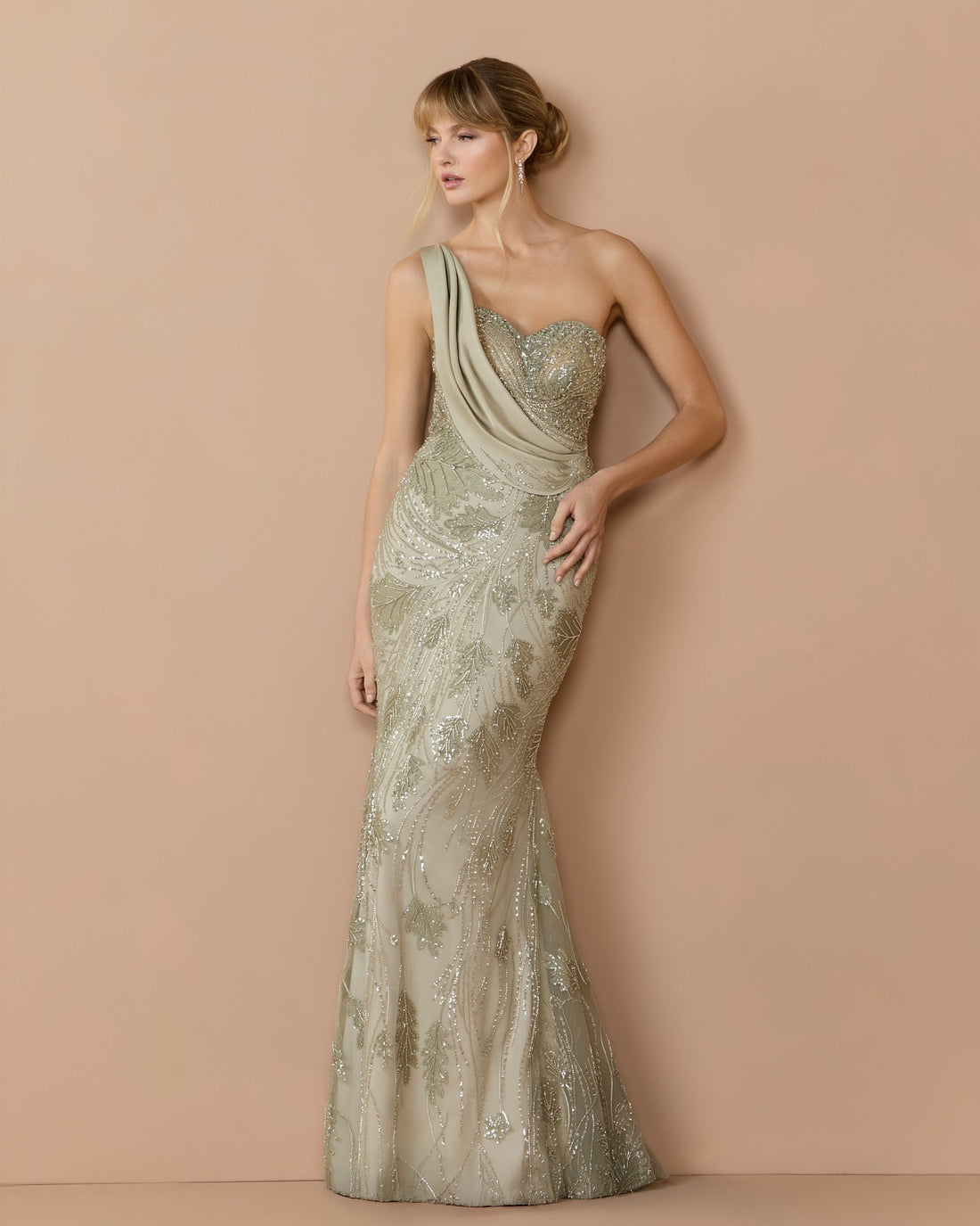Sage Beaded One Shoulder Draped Mermaid Gown - Mac Duggal
