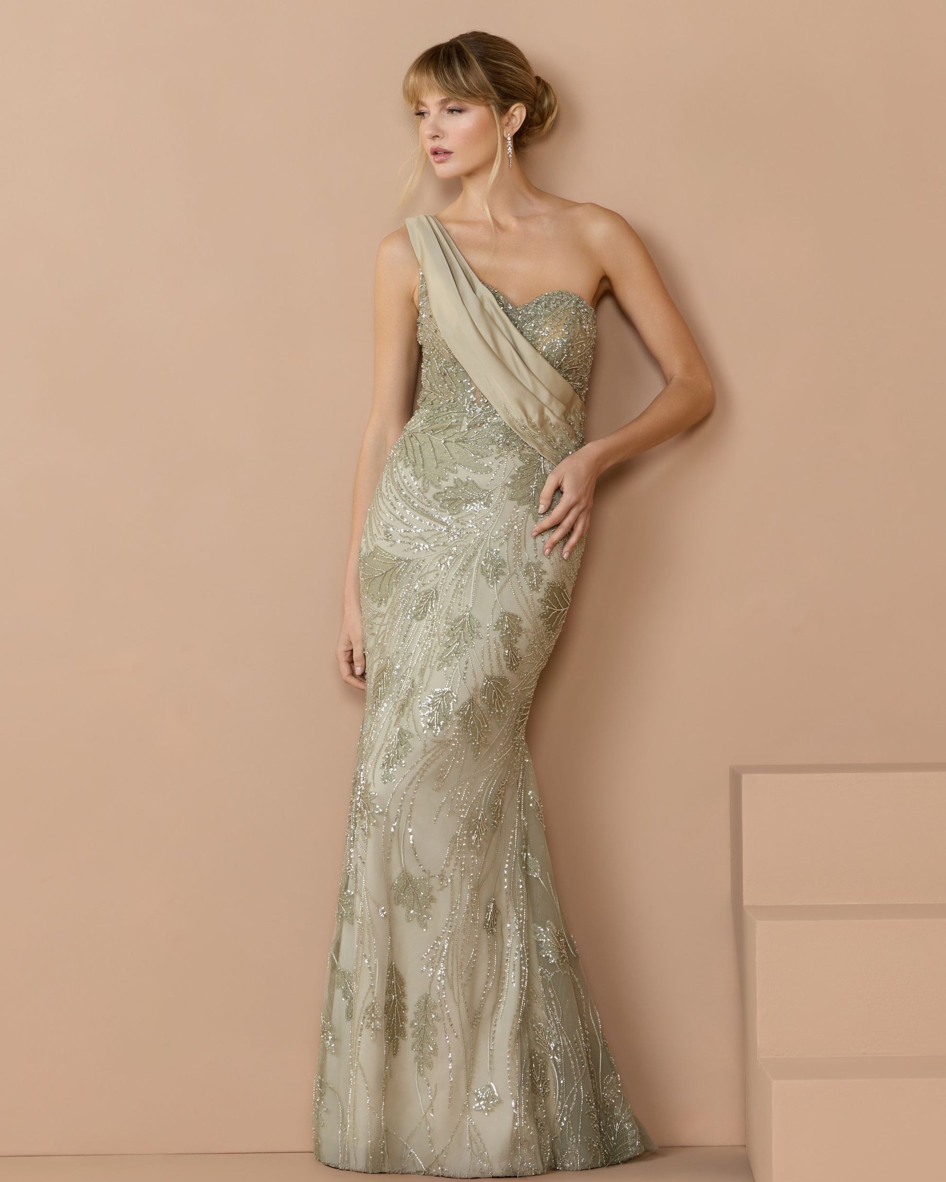 Green Beaded One Shoulder Draped Mermaid Gown Mac Duggal
