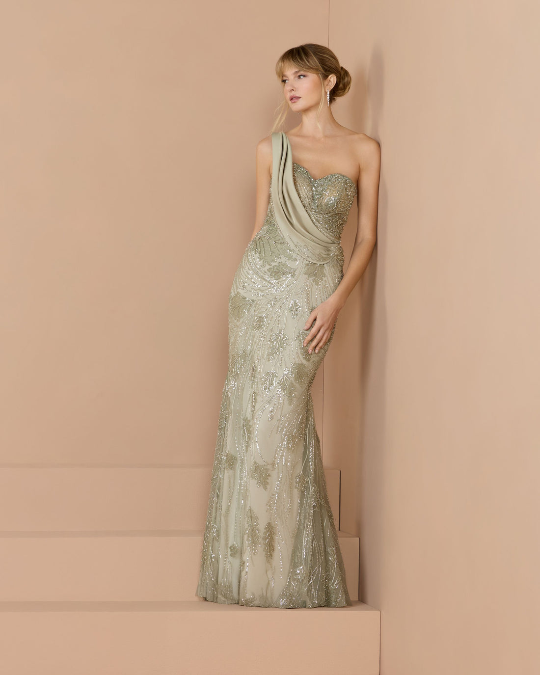 Sage Beaded One Shoulder Draped Mermaid Gown - Mac Duggal