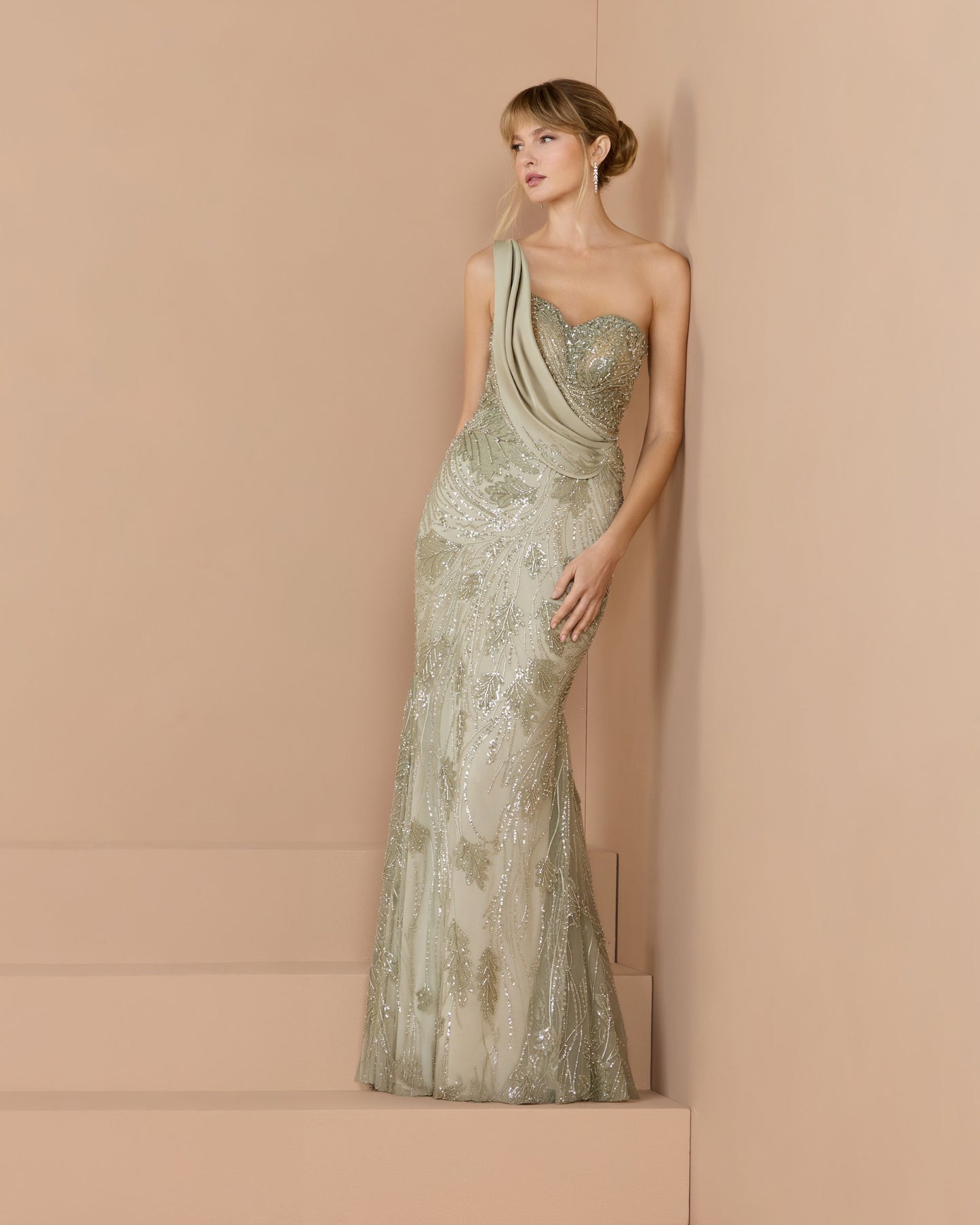 Green Beaded One Shoulder Draped Mermaid Gown