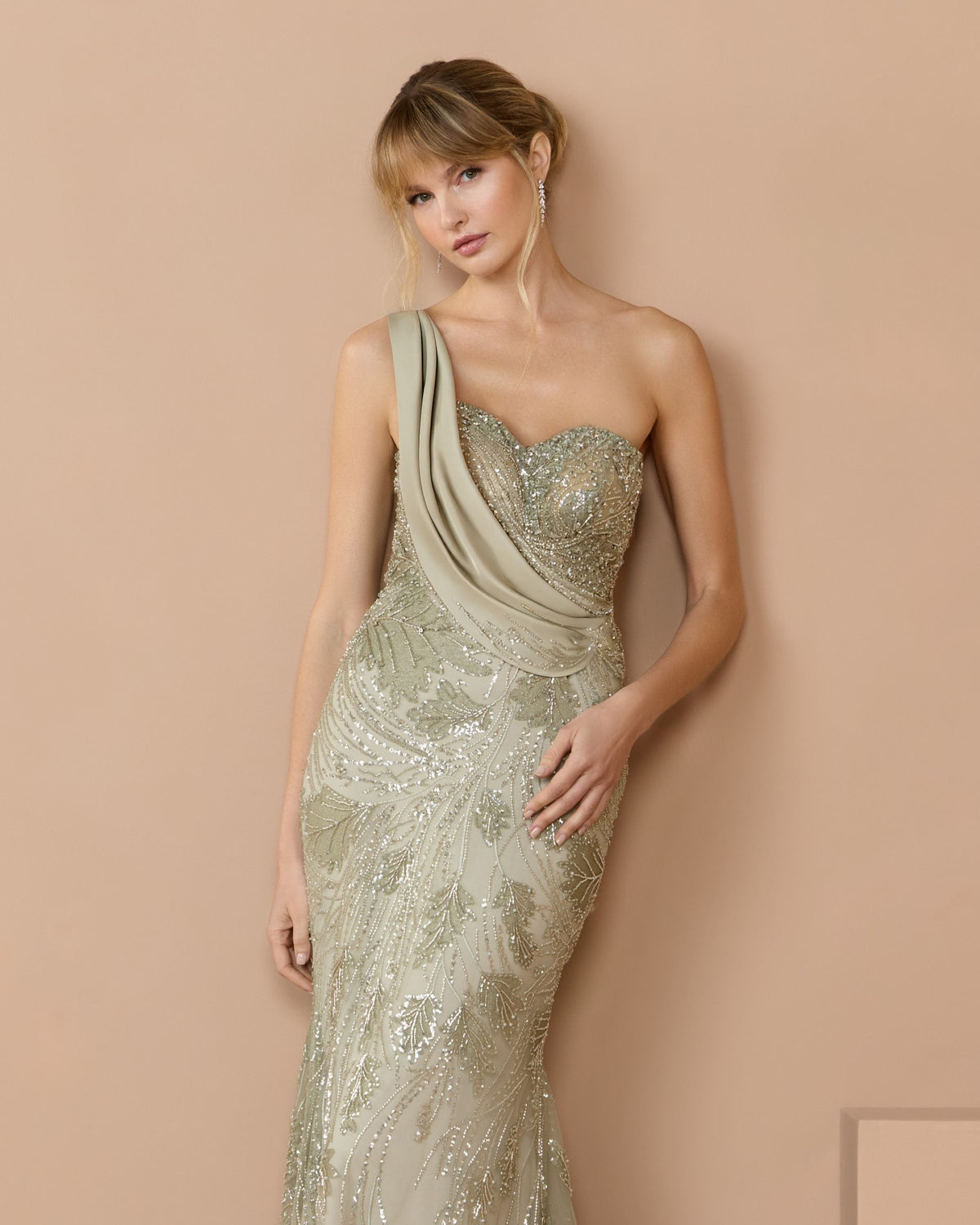 Sage Beaded One Shoulder Draped Mermaid Gown - Mac Duggal