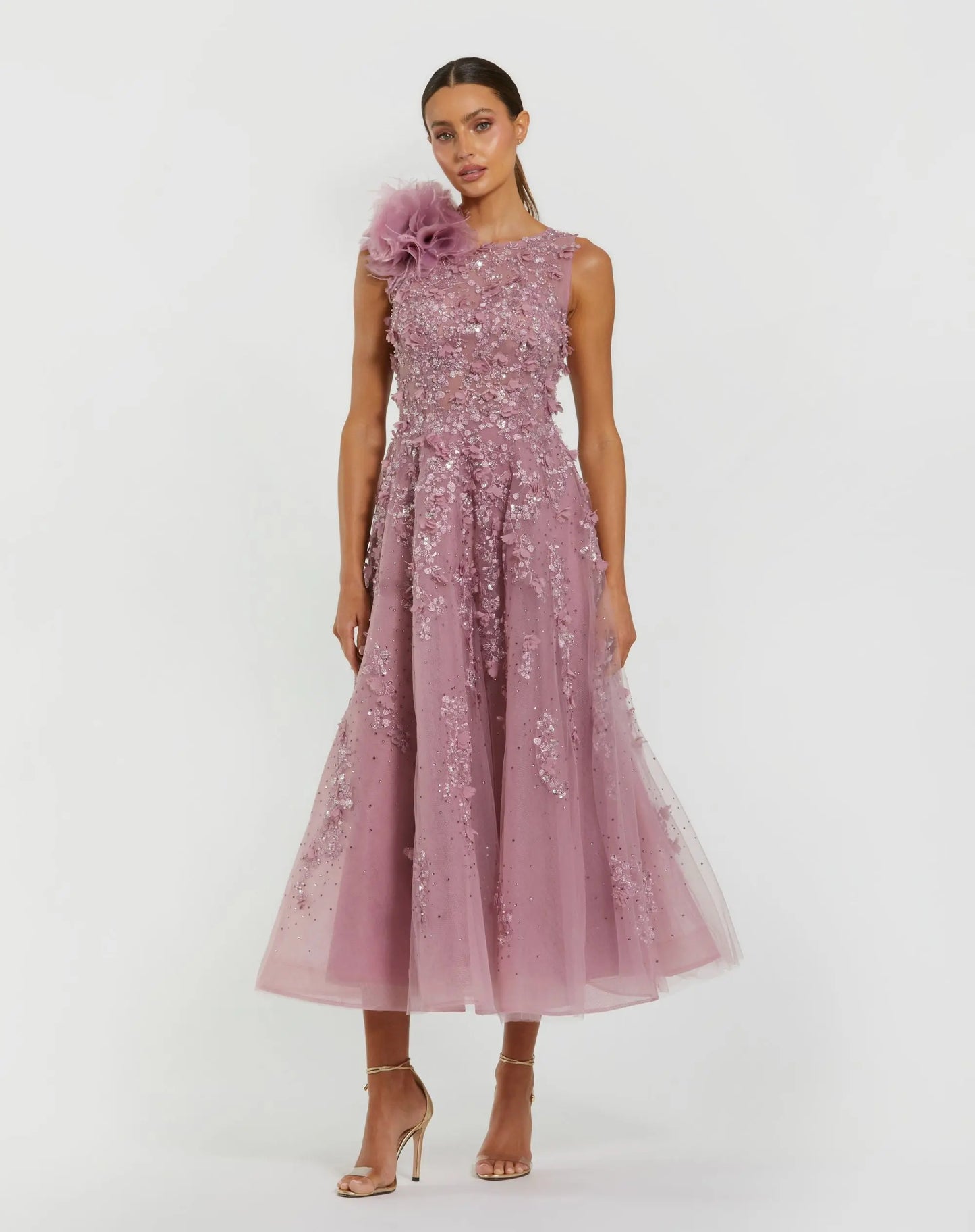 Purple High Neck Embellished Midi Dress with 3D Flower | Mac Duggal Purple High Neck Embellished Midi Dress with 3D Flower | Mac Duggal