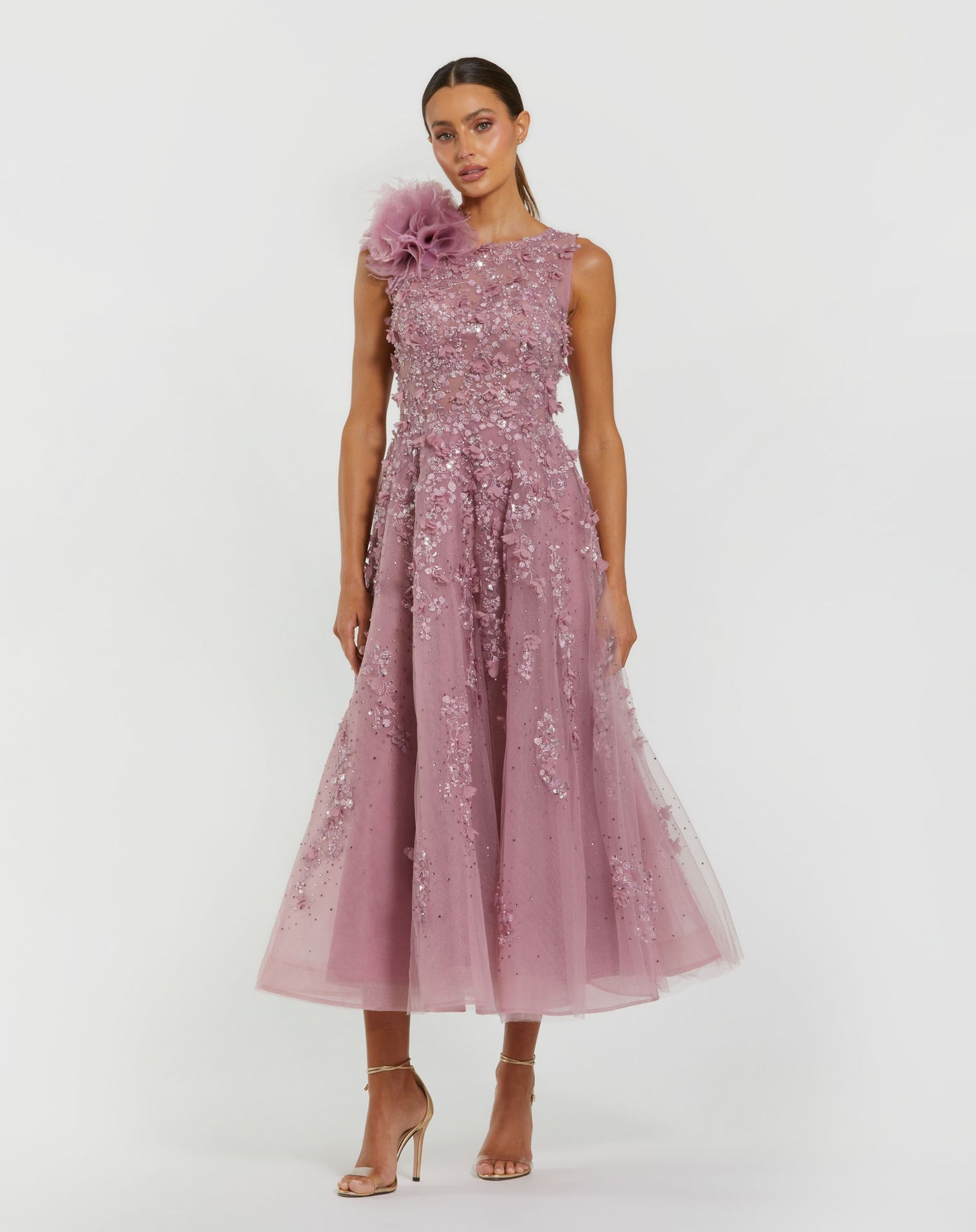 Purple High Neck Embellished Midi Dress with 3D Flower - Mac Duggal