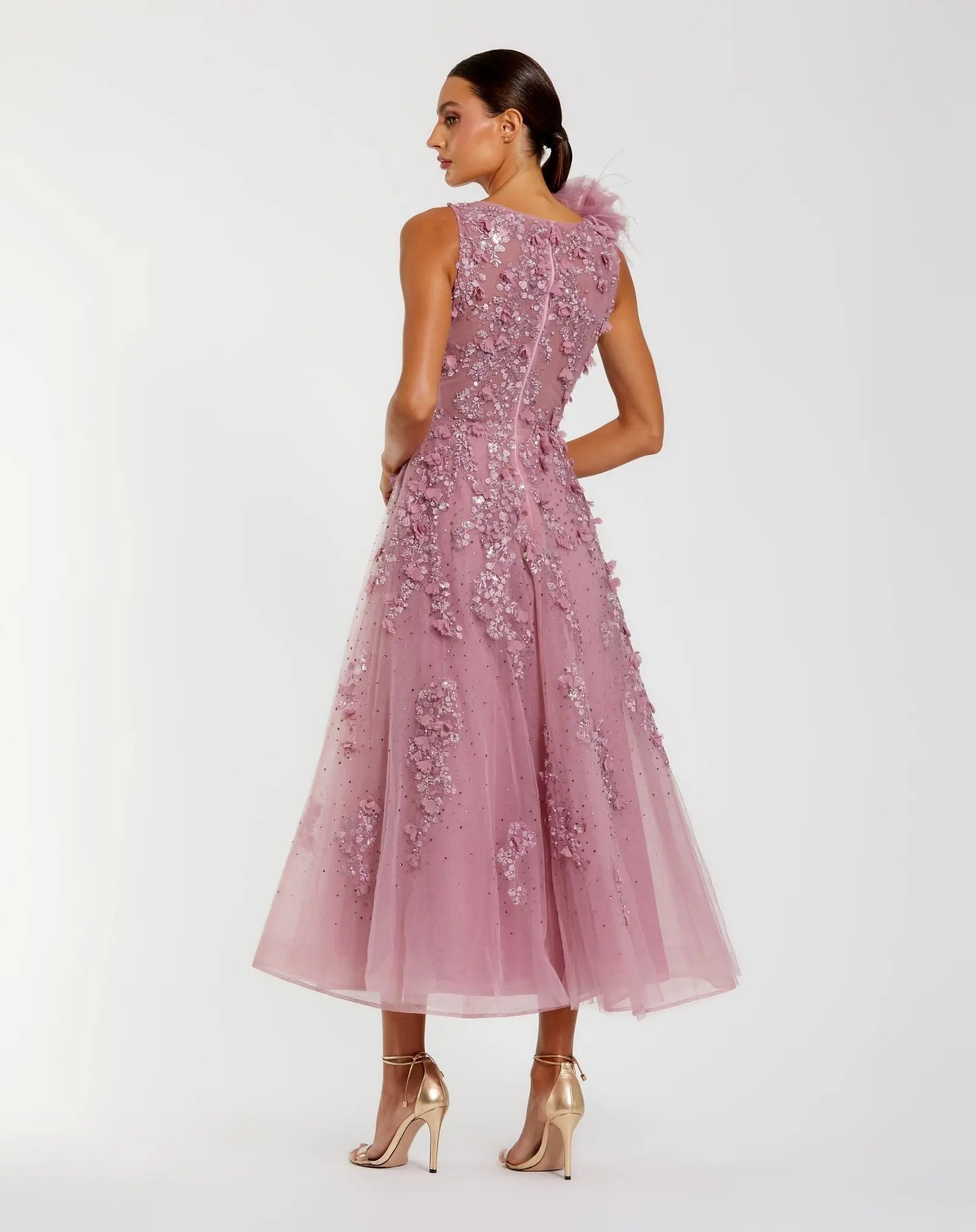 Purple High Neck Embellished Midi Dress with 3D Flower - Mac Duggal